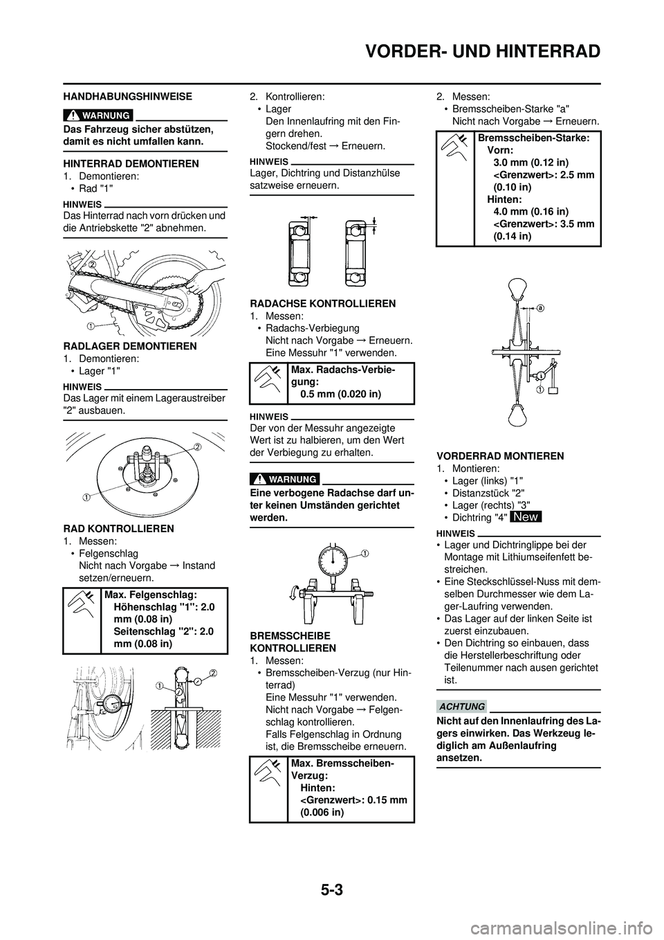 YAMAHA YZ250F 2010  Betriebsanleitungen (in German) 5-3
VORDER- UND HINTERRAD
HANDHABUNGSHINWEISE
Das Fahrzeug sicher abstützen, 
damit es nicht umfallen kann.
HINTERRAD DEMONTIEREN
1. Demontieren:•Rad "1"
Das Hinterrad nach vorn drücken und 
die A