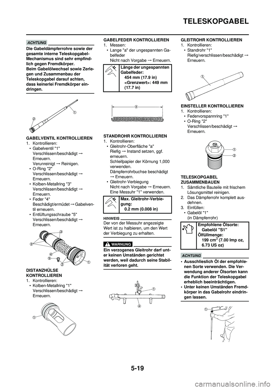 YAMAHA YZ250F 2010 Betriebsanleitungen (in German) 5-19
TELESKOPGABEL
Die Gabeldämpferrohre sowie der
gesamte interne Teleskopgabel-
Mechanismus sind sehr empfind-
lich gegen Fremdkörper.
Beim Gabelölwechsel sowie Zerle-
gen und Zusammenbau der
YAMAHA YZ250F 2010 Betriebsanleitungen (in German) 5-19
TELESKOPGABEL
Die Gabeldämpferrohre sowie der
gesamte interne Teleskopgabel-
Mechanismus sind sehr empfind-
lich gegen Fremdkörper.
Beim Gabelölwechsel sowie Zerle-
gen und Zusammenbau der