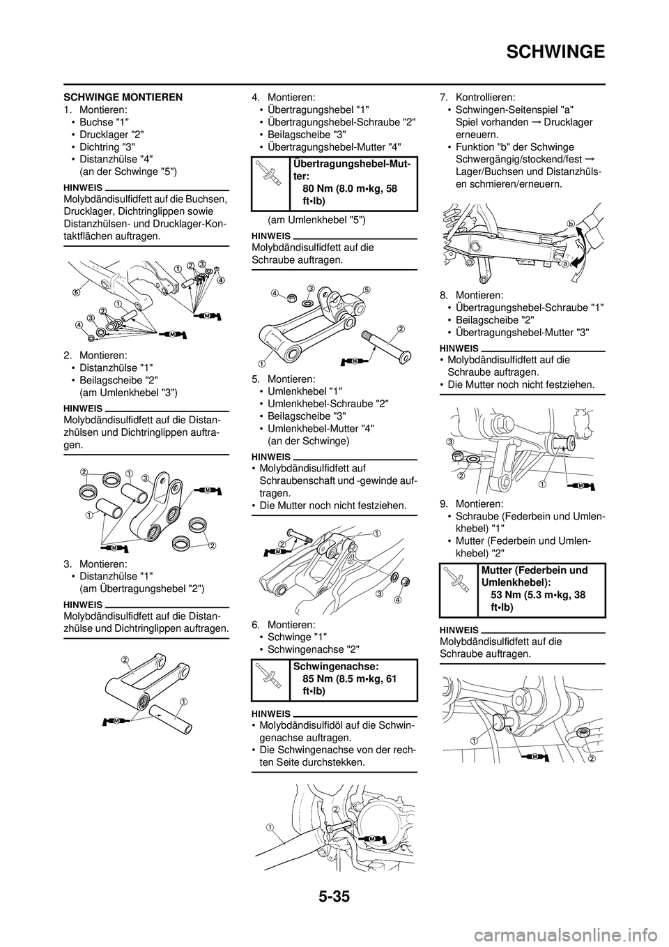 YAMAHA YZ250F 2010  Betriebsanleitungen (in German) 5-35
SCHWINGE
SCHWINGE MONTIEREN
1. Montieren:• Buchse "1"
• Drucklager "2"
• Dichtring "3"
• Distanzhülse "4"(an der Schwinge "5")
Molybdändisulfidfett auf die Buchsen, 
Drucklager, Dichtri