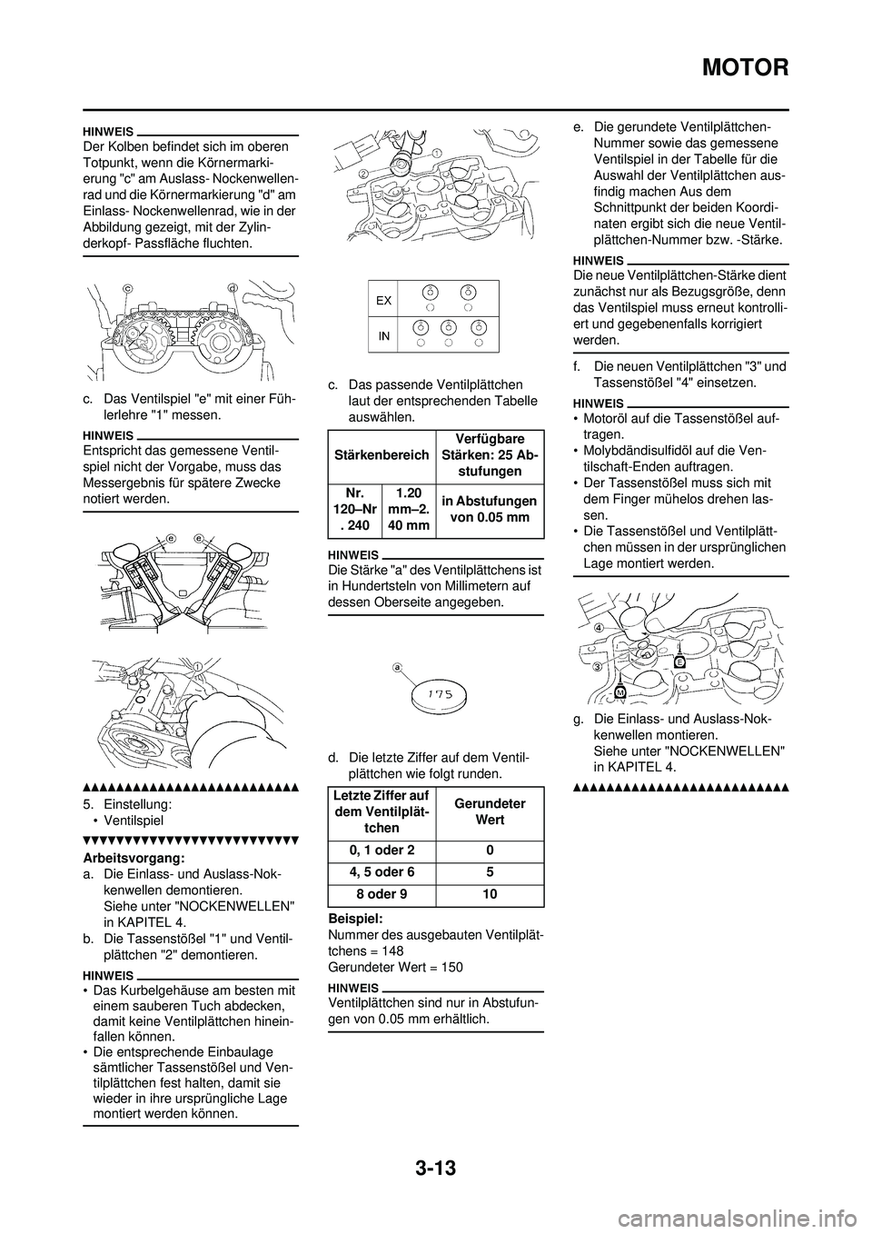 YAMAHA YZ250F 2010  Betriebsanleitungen (in German) 3-13
MOTOR
Der Kolben befindet sich im oberen 
Totpunkt, wenn die Körnermarki-
erung "c" am Auslass- Nockenwellen-
rad und die Körnermarkierung "d" am 
Einlass- Nockenwellenrad, wie in der 
Abbildun