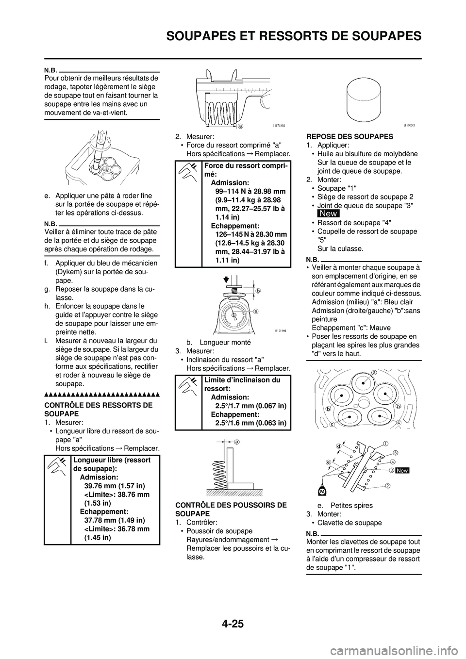 YAMAHA YZ250F 2010 Notices Demploi (in French) 4-25
SOUPAPES ET RESSORTS DE SOUPAPES
Pour obtenir de meilleurs résultats de
rodage, tapoter légèrement le siège
de soupape tout en faisant tourner la
soupape entre les mains avec un
mouvement YAMAHA YZ250F 2010 Notices Demploi (in French) 4-25
SOUPAPES ET RESSORTS DE SOUPAPES
Pour obtenir de meilleurs résultats de
rodage, tapoter légèrement le siège
de soupape tout en faisant tourner la
soupape entre les mains avec un
mouvement