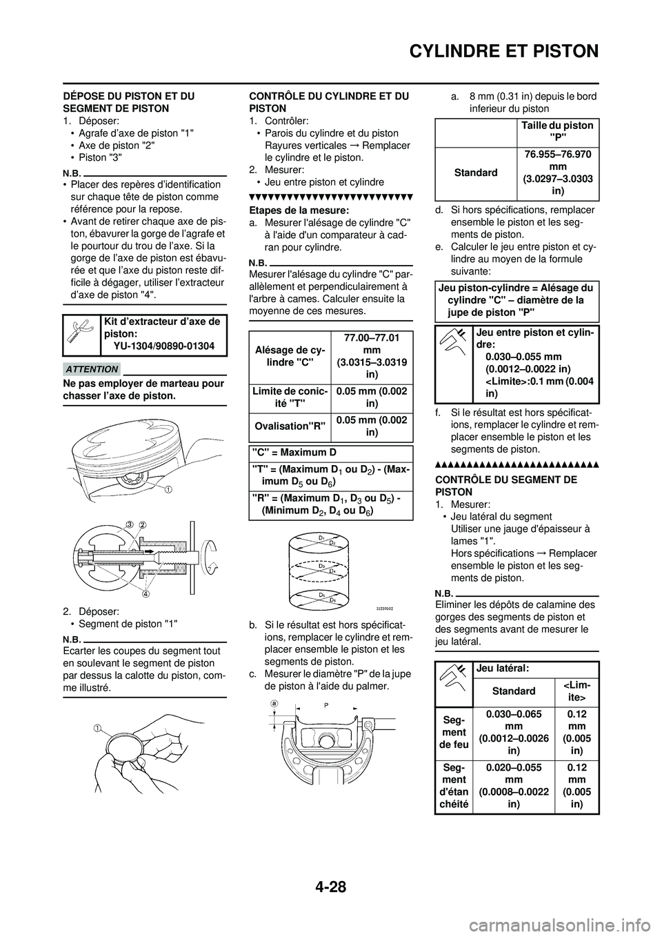 YAMAHA YZ250F 2010 Notices Demploi (in French) 4-28
CYLINDRE ET PISTON
DÉPOSE DU PISTON ET DU
SEGMENT DE PISTON
1. Déposer:• Agrafe d’axe de piston "1"
• Axe de piston "2"
• Piston "3"
• Placer des repères d’identification sur chaq YAMAHA YZ250F 2010 Notices Demploi (in French) 4-28
CYLINDRE ET PISTON
DÉPOSE DU PISTON ET DU
SEGMENT DE PISTON
1. Déposer:• Agrafe d’axe de piston "1"
• Axe de piston "2"
• Piston "3"
• Placer des repères d’identification sur chaq