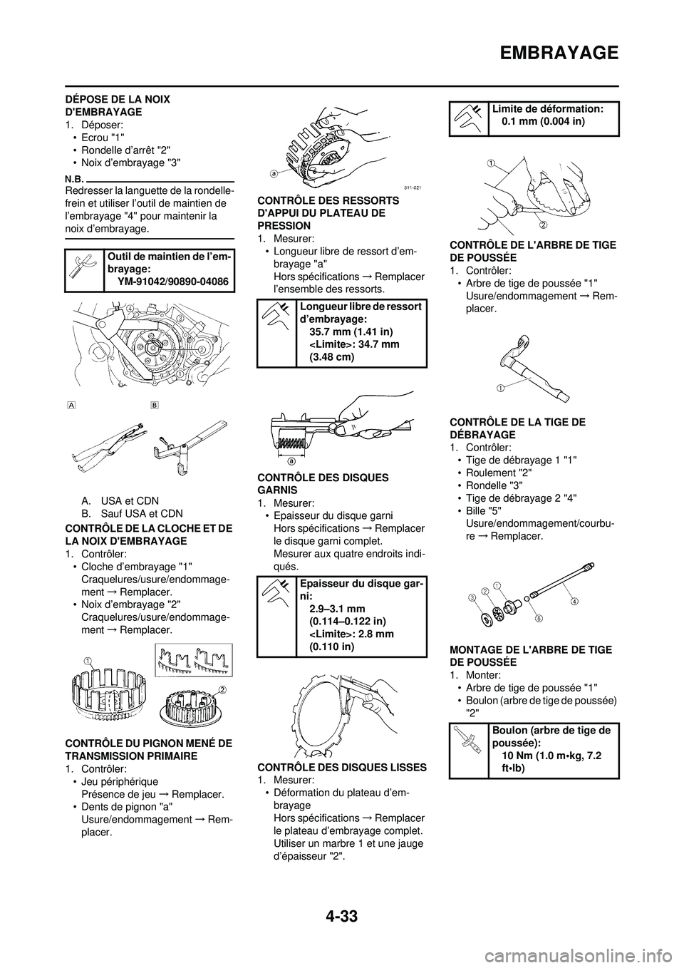 YAMAHA YZ250F 2010 Notices Demploi (in French) 4-33
EMBRAYAGE
DÉPOSE DE LA NOIX
DEMBRAYAGE
1. Déposer:• Ecrou "1"
• Rondelle d’arrêt "2"
• Noix d’embrayage "3"
Redresser la languette de la rondelle-
frein et utiliser l’outil de ma YAMAHA YZ250F 2010 Notices Demploi (in French) 4-33
EMBRAYAGE
DÉPOSE DE LA NOIX
DEMBRAYAGE
1. Déposer:• Ecrou "1"
• Rondelle d’arrêt "2"
• Noix d’embrayage "3"
Redresser la languette de la rondelle-
frein et utiliser l’outil de ma