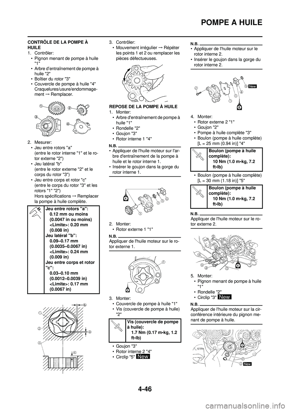 YAMAHA YZ250F 2010 Notices Demploi (in French) 4-46
POMPE A HUILE
CONTRÔLE DE LA POMPE À
HUILE
1. Contrôler:• Pignon menant de pompe à huile "1"
• Arbre d’entraînement de pompe à huile "2"
• Boîtier du rotor "3"
• Couvercle de p YAMAHA YZ250F 2010 Notices Demploi (in French) 4-46
POMPE A HUILE
CONTRÔLE DE LA POMPE À
HUILE
1. Contrôler:• Pignon menant de pompe à huile "1"
• Arbre d’entraînement de pompe à huile "2"
• Boîtier du rotor "3"
• Couvercle de p
