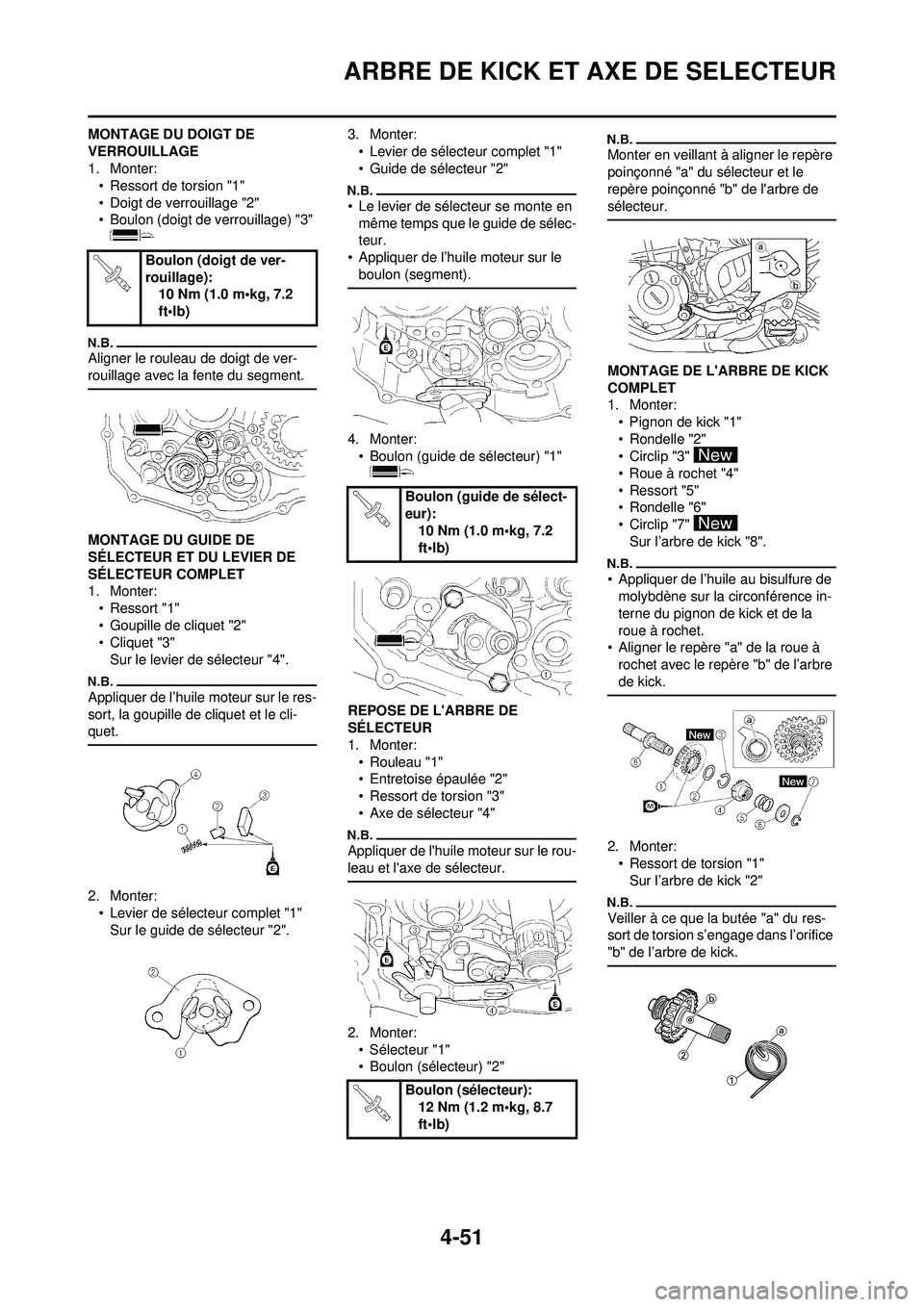 YAMAHA YZ250F 2010 Notices Demploi (in French) 4-51
ARBRE DE KICK ET AXE DE SELECTEUR
MONTAGE DU DOIGT DE
VERROUILLAGE
1. Monter:• Ressort de torsion "1"
• Doigt de verrouillage "2"
• Boulon (doigt de verrouillage) "3"
Aligner le rouleau d YAMAHA YZ250F 2010 Notices Demploi (in French) 4-51
ARBRE DE KICK ET AXE DE SELECTEUR
MONTAGE DU DOIGT DE
VERROUILLAGE
1. Monter:• Ressort de torsion "1"
• Doigt de verrouillage "2"
• Boulon (doigt de verrouillage) "3"
Aligner le rouleau d
