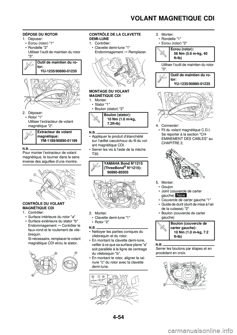 YAMAHA YZ250F 2010  Notices Demploi (in French) 4-54
VOLANT MAGNETIQUE CDI
DÉPOSE DU ROTOR
1. Déposer:• Ecrou (rotor) "1"
• Rondelle "2"
Utiliser l’outil de maintien du rotor 
"3".
2. Déposer: • Rotor "1"Utiliser l’extracteur de volant