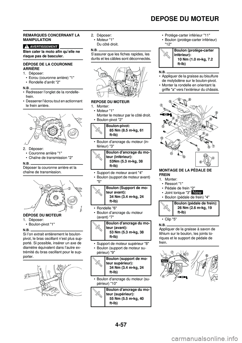 YAMAHA YZ250F 2010  Notices Demploi (in French) 4-57
DEPOSE DU MOTEUR
REMARQUES CONCERNANT LA 
MANIPULATION
Bien caler la moto afin qu’elle ne 
risque pas de basculer.
DÉPOSE DE LA COURONNE 
ARRIÈRE
1. Déposer:• Ecrou (couronne arrière) "1"