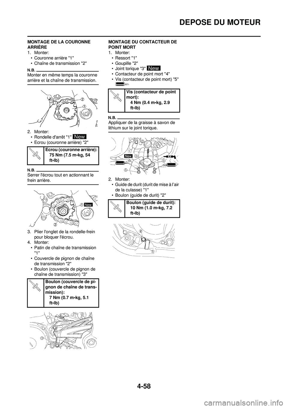 YAMAHA YZ250F 2010  Notices Demploi (in French) 4-58
DEPOSE DU MOTEUR
MONTAGE DE LA COURONNE 
ARRIÈRE
1. Monter:• Couronne arrière "1"
• Chaîne de transmission "2"
Monter en même temps la couronne 
arrière et la chaîne de transmission.
2.
