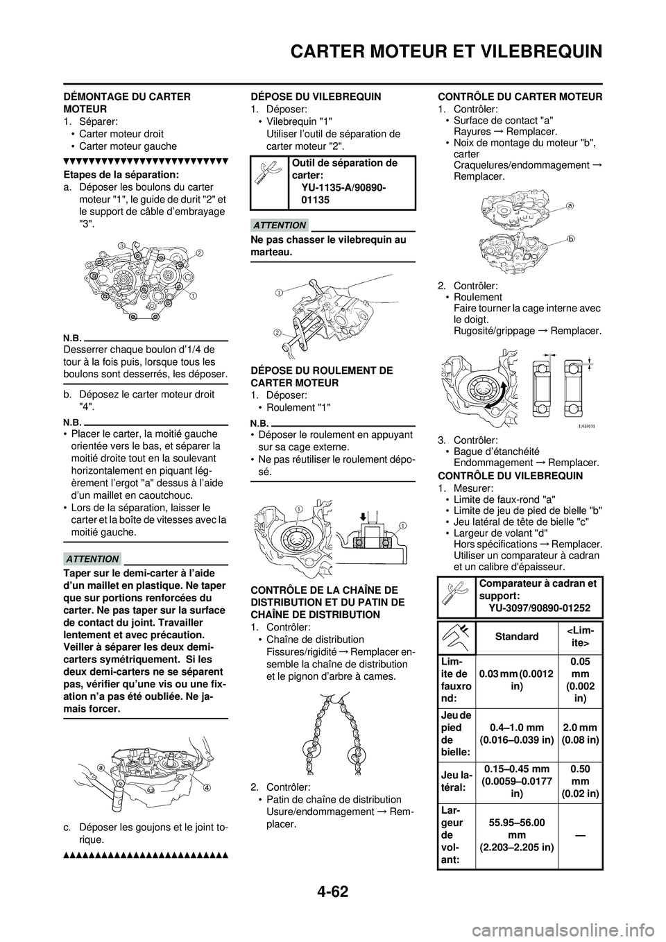 YAMAHA YZ250F 2010  Notices Demploi (in French) 4-62
CARTER MOTEUR ET VILEBREQUIN
DÉMONTAGE DU CARTER 
MOTEUR
1. Séparer:• Carter moteur droit
• Carter moteur gauche
Etapes de la séparation:
a. Déposer les boulons du carter  moteur "1", le 