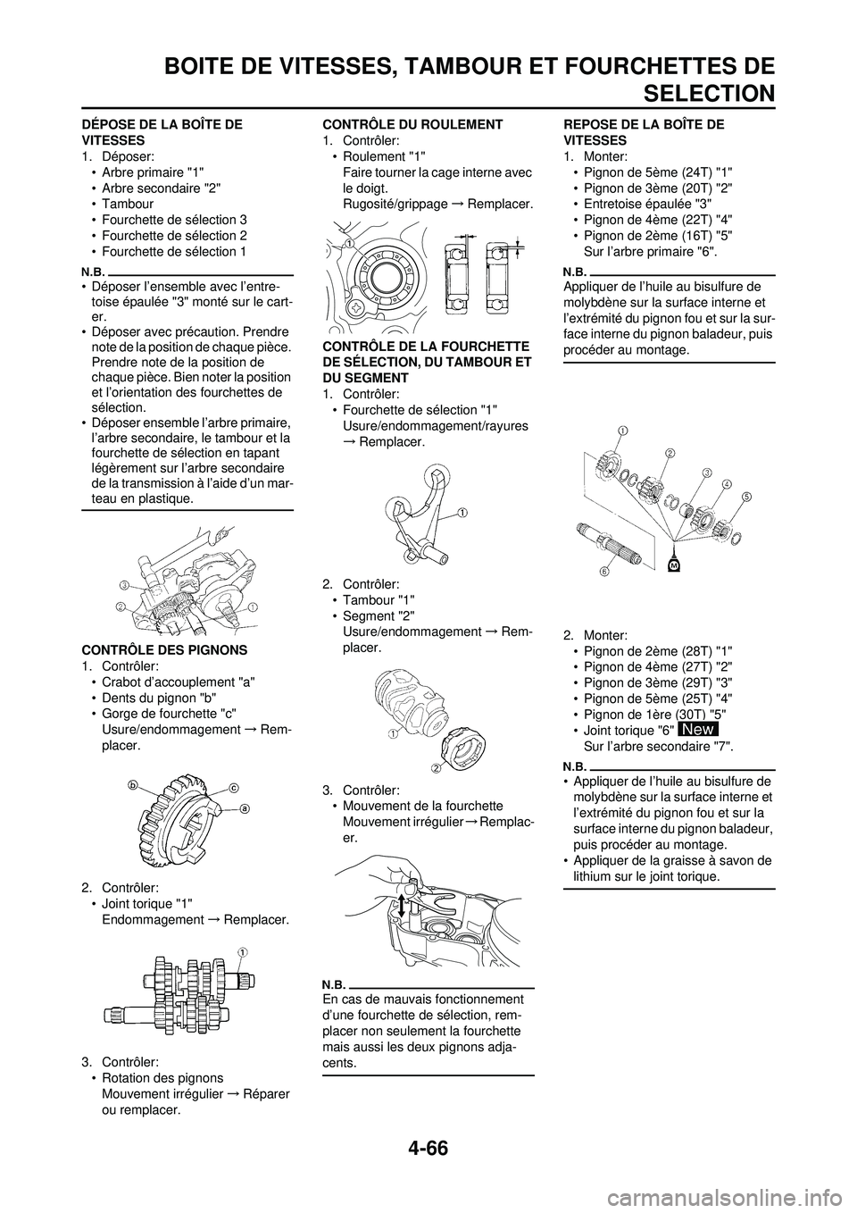 YAMAHA YZ250F 2010 Notices Demploi (in French) 4-66
BOITE DE VITESSES, TAMBOUR ET FOURCHETTES DESELECTION
DÉPOSE DE LA BOÎTE DE
VITESSES
1. Déposer:
• Arbre primaire "1"
• Arbre secondaire "2"
• Tambour
• Fourchette de sélection 3
• YAMAHA YZ250F 2010 Notices Demploi (in French) 4-66
BOITE DE VITESSES, TAMBOUR ET FOURCHETTES DESELECTION
DÉPOSE DE LA BOÎTE DE
VITESSES
1. Déposer:
• Arbre primaire "1"
• Arbre secondaire "2"
• Tambour
• Fourchette de sélection 3
•