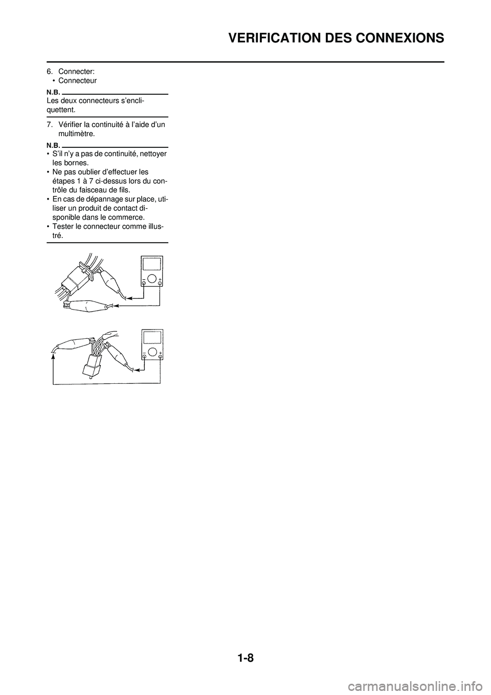 YAMAHA YZ250F 2010 Notices Demploi (in French) 1-8
VERIFICATION DES CONNEXIONS
6. Connecter:• Connecteur
Les deux connecteurs s’encli-
quettent.
7. Vérifier la continuité à l’aide d’un multimètre.
• S’il n’y a pas de continuité YAMAHA YZ250F 2010 Notices Demploi (in French) 1-8
VERIFICATION DES CONNEXIONS
6. Connecter:• Connecteur
Les deux connecteurs s’encli-
quettent.
7. Vérifier la continuité à l’aide d’un multimètre.
• S’il n’y a pas de continuité