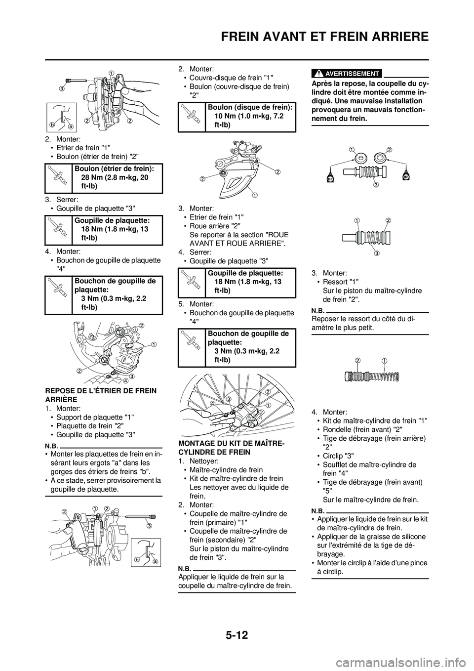 YAMAHA YZ250F 2010 Notices Demploi (in French) 5-12
FREIN AVANT ET FREIN ARRIERE
2. Monter:• Etrier de frein "1"
• Boulon (étrier de frein) "2"
3. Serrer: • Goupille de plaquette "3"
4. Monter: • Bouchon de goupille de plaquette
"4"
REPO YAMAHA YZ250F 2010 Notices Demploi (in French) 5-12
FREIN AVANT ET FREIN ARRIERE
2. Monter:• Etrier de frein "1"
• Boulon (étrier de frein) "2"
3. Serrer: • Goupille de plaquette "3"
4. Monter: • Bouchon de goupille de plaquette
"4"
REPO