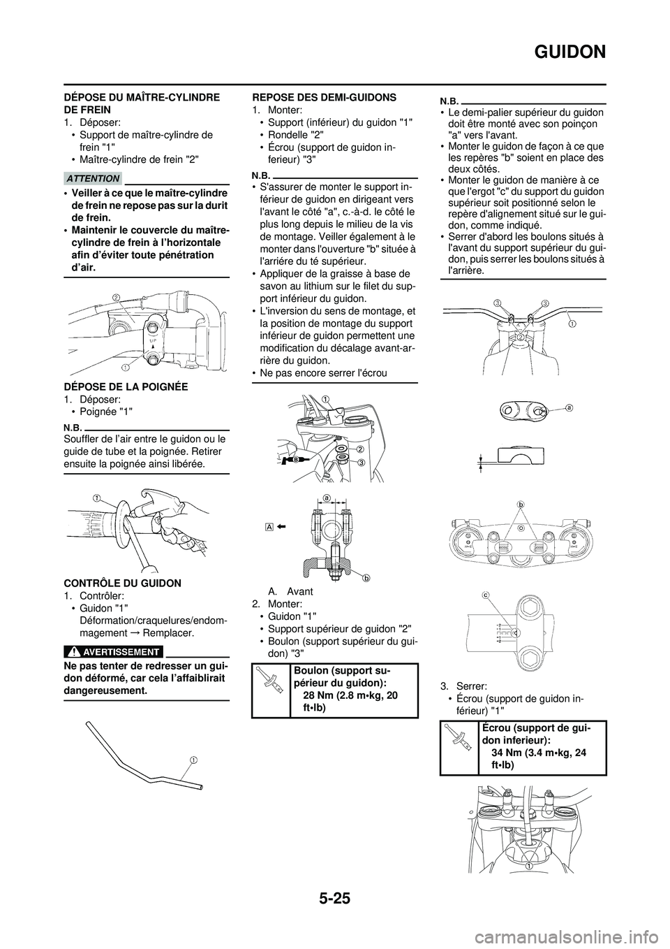 YAMAHA YZ250F 2010 Notices Demploi (in French) 5-25
GUIDON
DÉPOSE DU MAÎTRE-CYLINDRE
DE FREIN
1. Déposer:• Support de maître-cylindre de
frein "1"
• Maître-cylindre de frein "2"
• Veiller à ce que le maître-cylindre de frein ne rep YAMAHA YZ250F 2010 Notices Demploi (in French) 5-25
GUIDON
DÉPOSE DU MAÎTRE-CYLINDRE
DE FREIN
1. Déposer:• Support de maître-cylindre de
frein "1"
• Maître-cylindre de frein "2"
• Veiller à ce que le maître-cylindre de frein ne rep