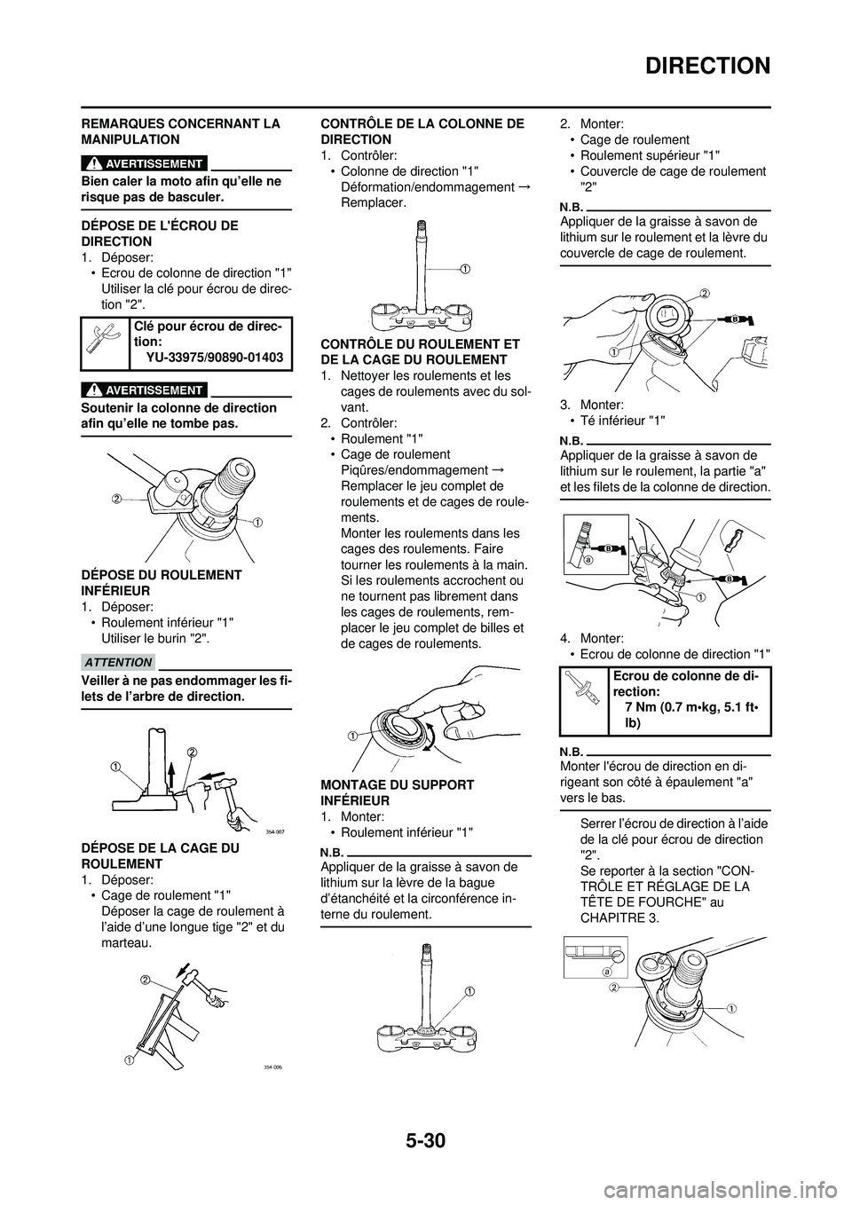 YAMAHA YZ250F 2010  Notices Demploi (in French) 5-30
DIRECTION
REMARQUES CONCERNANT LA 
MANIPULATION
Bien caler la moto afin qu’elle ne 
risque pas de basculer.
DÉPOSE DE LÉCROU DE 
DIRECTION
1. Déposer:• Ecrou de colonne de direction "1"
U