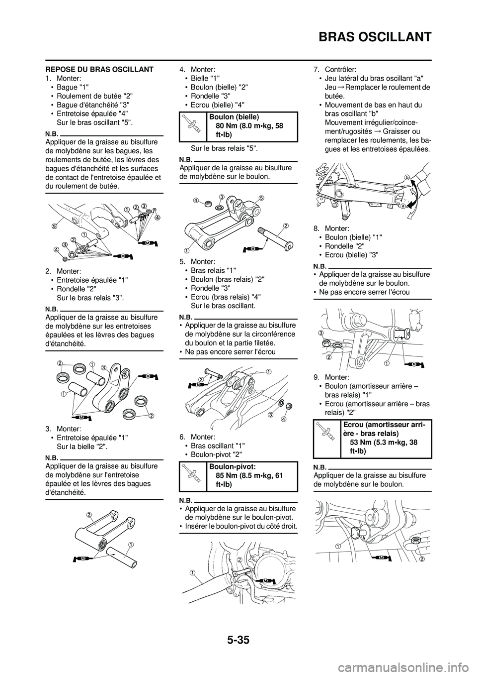 YAMAHA YZ250F 2010  Notices Demploi (in French) 5-35
BRAS OSCILLANT
REPOSE DU BRAS OSCILLANT
1. Monter:• Bague "1"
• Roulement de butée "2"
• Bague détanchéité "3"
• Entretoise épaulée "4"Sur le bras oscillant "5".
Appliquer de la gr