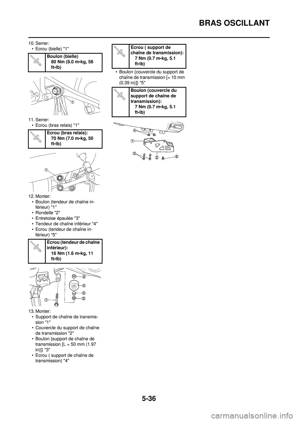 YAMAHA YZ250F 2010  Notices Demploi (in French) 5-36
BRAS OSCILLANT
10. Serrer:• Ecrou (bielle) "1"
11. Serrer: • Ecrou (bras relais) "1"
12. Monter: • Boulon (tendeur de chaîne in-férieur) "1"
• Rondelle "2"
• Entretoise épaulée "3"
