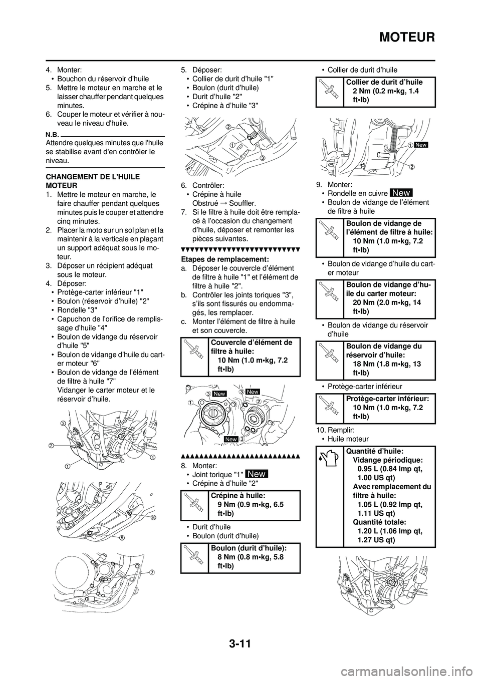 YAMAHA YZ250F 2010 Notices Demploi (in French) 3-11
MOTEUR
4. Monter:• Bouchon du réservoir dhuile
5. Mettre le moteur en marche et le
laisser chauffer pendant quelques
minutes.
6. Couper le moteur et vérifier à nou- veau le niveau dhuil YAMAHA YZ250F 2010 Notices Demploi (in French) 3-11
MOTEUR
4. Monter:• Bouchon du réservoir dhuile
5. Mettre le moteur en marche et le
laisser chauffer pendant quelques
minutes.
6. Couper le moteur et vérifier à nou- veau le niveau dhuil