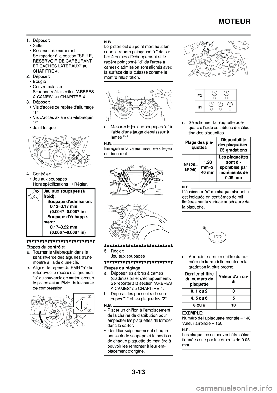 YAMAHA YZ250F 2010 Notices Demploi (in French) 3-13
MOTEUR
1. Déposer:•Selle
• Réservoir de carburantSe reporter à la section "SELLE,
RESERVOIR DE CARBURANT
ET CACHES LATERAUX" au
CHAPITRE 4.
2. Déposer: • Bougie
• Couvre-culasse
Se YAMAHA YZ250F 2010 Notices Demploi (in French) 3-13
MOTEUR
1. Déposer:•Selle
• Réservoir de carburantSe reporter à la section "SELLE,
RESERVOIR DE CARBURANT
ET CACHES LATERAUX" au
CHAPITRE 4.
2. Déposer: • Bougie
• Couvre-culasse
Se
