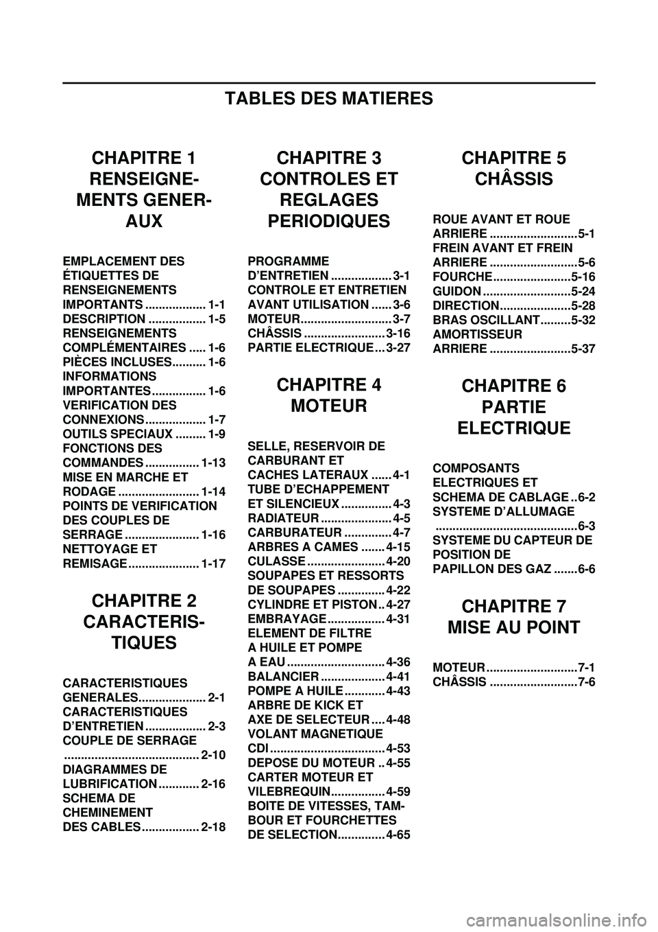 YAMAHA YZ250F 2010  Notices Demploi (in French) TABLES DES MATIERES
CHAPITRE 1
RENSEIGNE-
MENTS GENER- AUX
EMPLACEMENT DES 
ÉTIQUETTES DE 
RENSEIGNEMENTS 
IMPORTANTS .................. 1-1
DESCRIPTION ................. 1-5
RENSEIGNEMENTS 
COMPLÉM