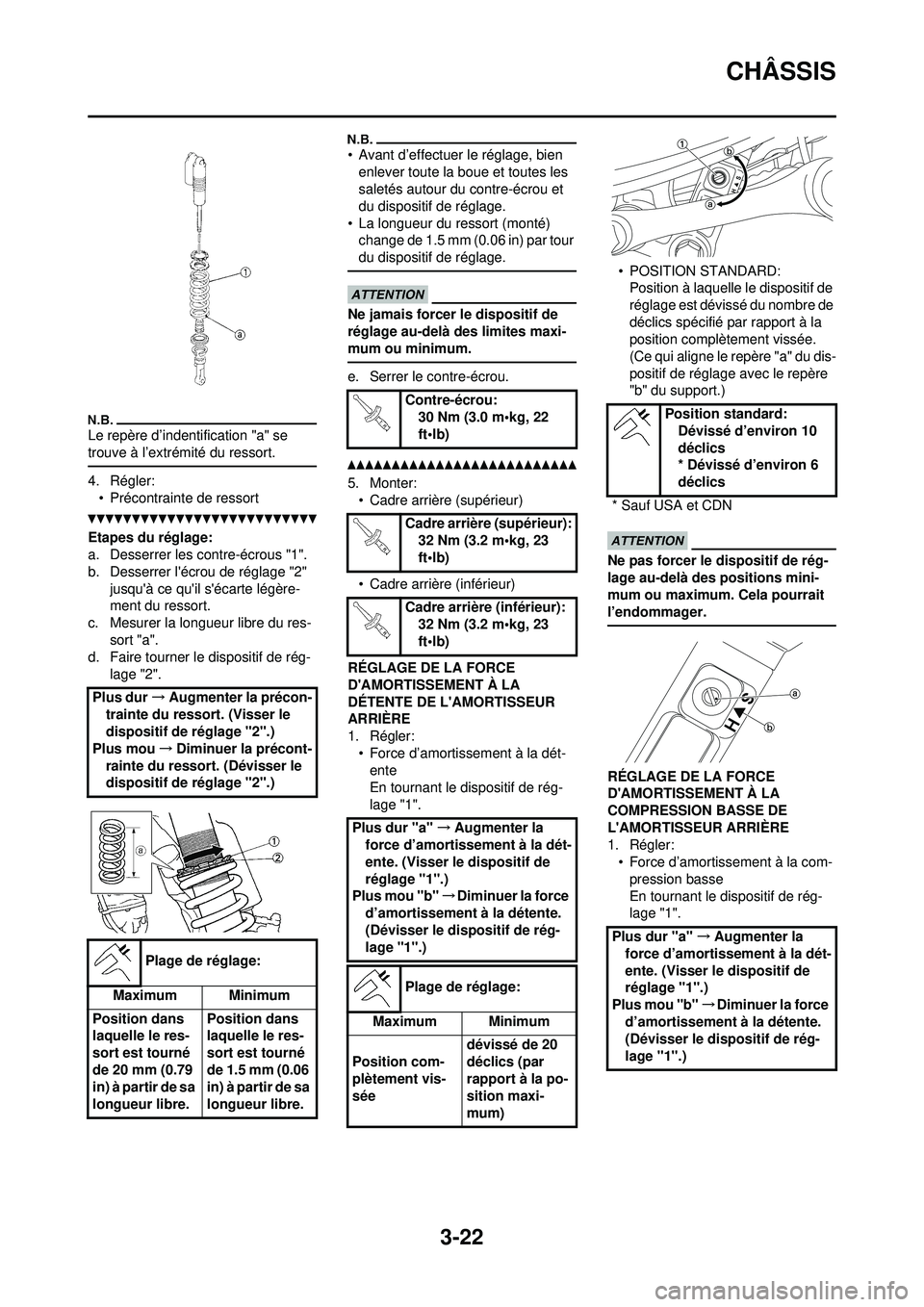 YAMAHA YZ250F 2010 Notices Demploi (in French) 3-22
CHÂSSIS
Le repère d’indentification "a" se
trouve à l’extrémité du ressort.
4. Régler:• Précontrainte de ressort
Etapes du réglage:
a. Desserrer les contre-écrous "1".
b. Desserre YAMAHA YZ250F 2010 Notices Demploi (in French) 3-22
CHÂSSIS
Le repère d’indentification "a" se
trouve à l’extrémité du ressort.
4. Régler:• Précontrainte de ressort
Etapes du réglage:
a. Desserrer les contre-écrous "1".
b. Desserre