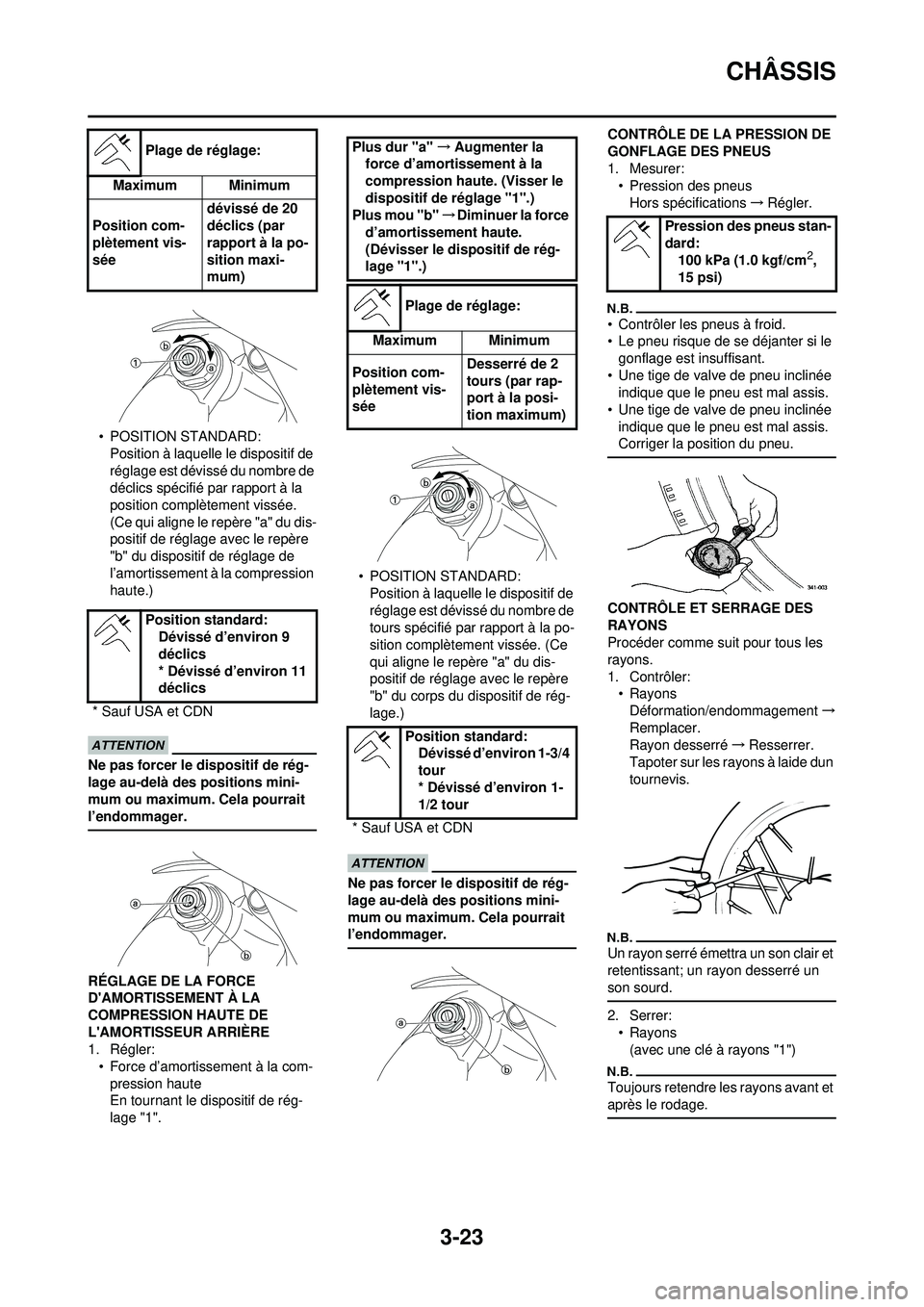 YAMAHA YZ250F 2010 Notices Demploi (in French) 3-23
CHÂSSIS
• POSITION STANDARD:Position à laquelle le dispositif de
réglage est dévissé du nombre de
déclics spécifié par rapport à la
position complète ment vissée.
(Ce qui aligne YAMAHA YZ250F 2010 Notices Demploi (in French) 3-23
CHÂSSIS
• POSITION STANDARD:Position à laquelle le dispositif de
réglage est dévissé du nombre de
déclics spécifié par rapport à la
position complète ment vissée.
(Ce qui aligne