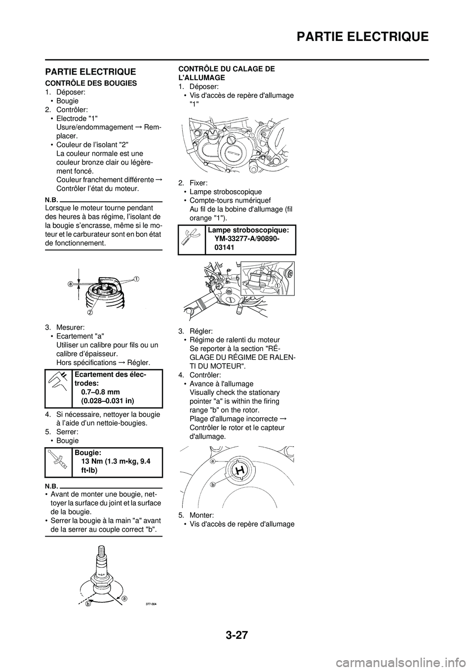 YAMAHA YZ250F 2010 Notices Demploi (in French) 3-27
PARTIE ELECTRIQUE
PARTIE ELECTRIQUE
CONTRÔLE DES BOUGIES
1. Déposer:• Bougie
2. Contrôler:
• Electrode "1"Usure/endommagement →Rem-
placer.
• Couleur de l’isolant "2" La couleur norm YAMAHA YZ250F 2010 Notices Demploi (in French) 3-27
PARTIE ELECTRIQUE
PARTIE ELECTRIQUE
CONTRÔLE DES BOUGIES
1. Déposer:• Bougie
2. Contrôler:
• Electrode "1"Usure/endommagement →Rem-
placer.
• Couleur de l’isolant "2" La couleur norm