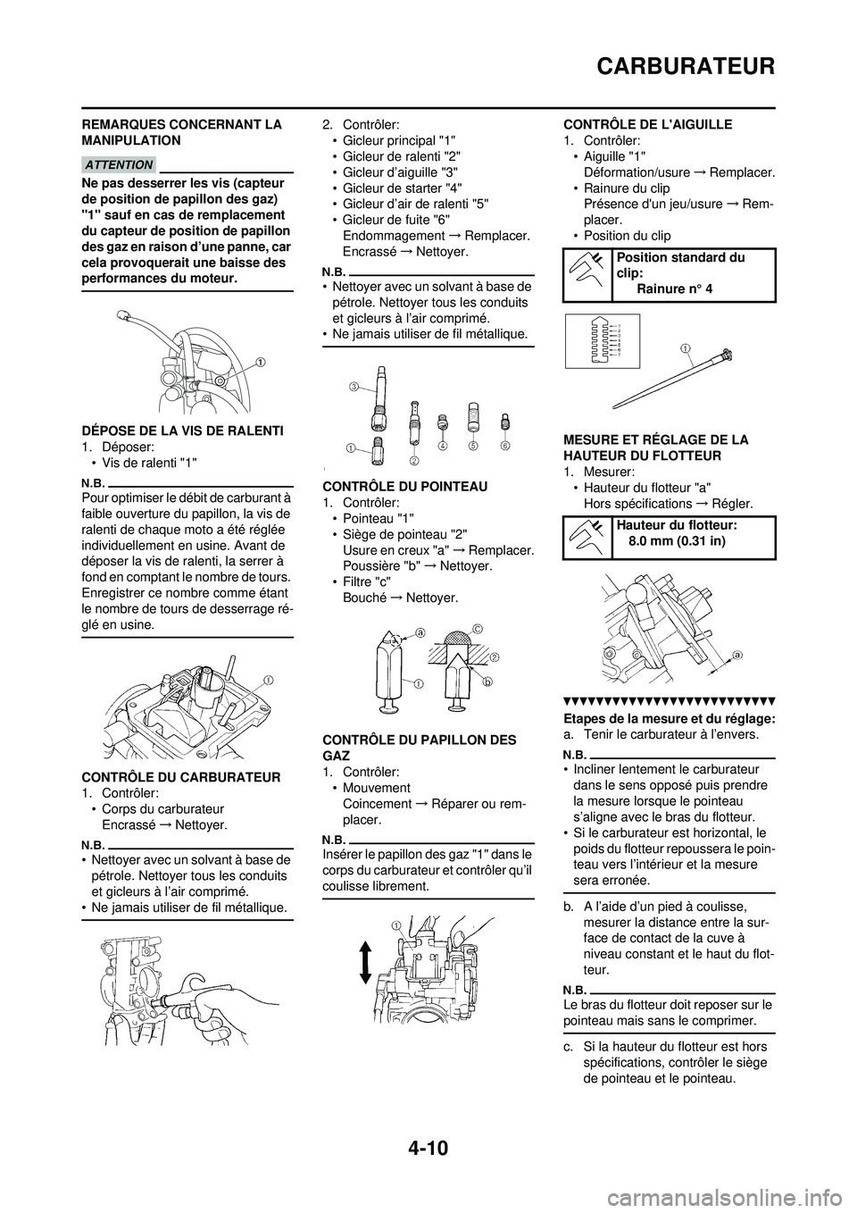 YAMAHA YZ250F 2010 Notices Demploi (in French) 4-10
CARBURATEUR
REMARQUES CONCERNANT LA
MANIPULATION
Ne pas desserrer les vis (capteur
de position de papillon des gaz)
"1" sauf en cas de remplacement
du capteur de position de papillon
des gaz YAMAHA YZ250F 2010 Notices Demploi (in French) 4-10
CARBURATEUR
REMARQUES CONCERNANT LA
MANIPULATION
Ne pas desserrer les vis (capteur
de position de papillon des gaz)
"1" sauf en cas de remplacement
du capteur de position de papillon
des gaz