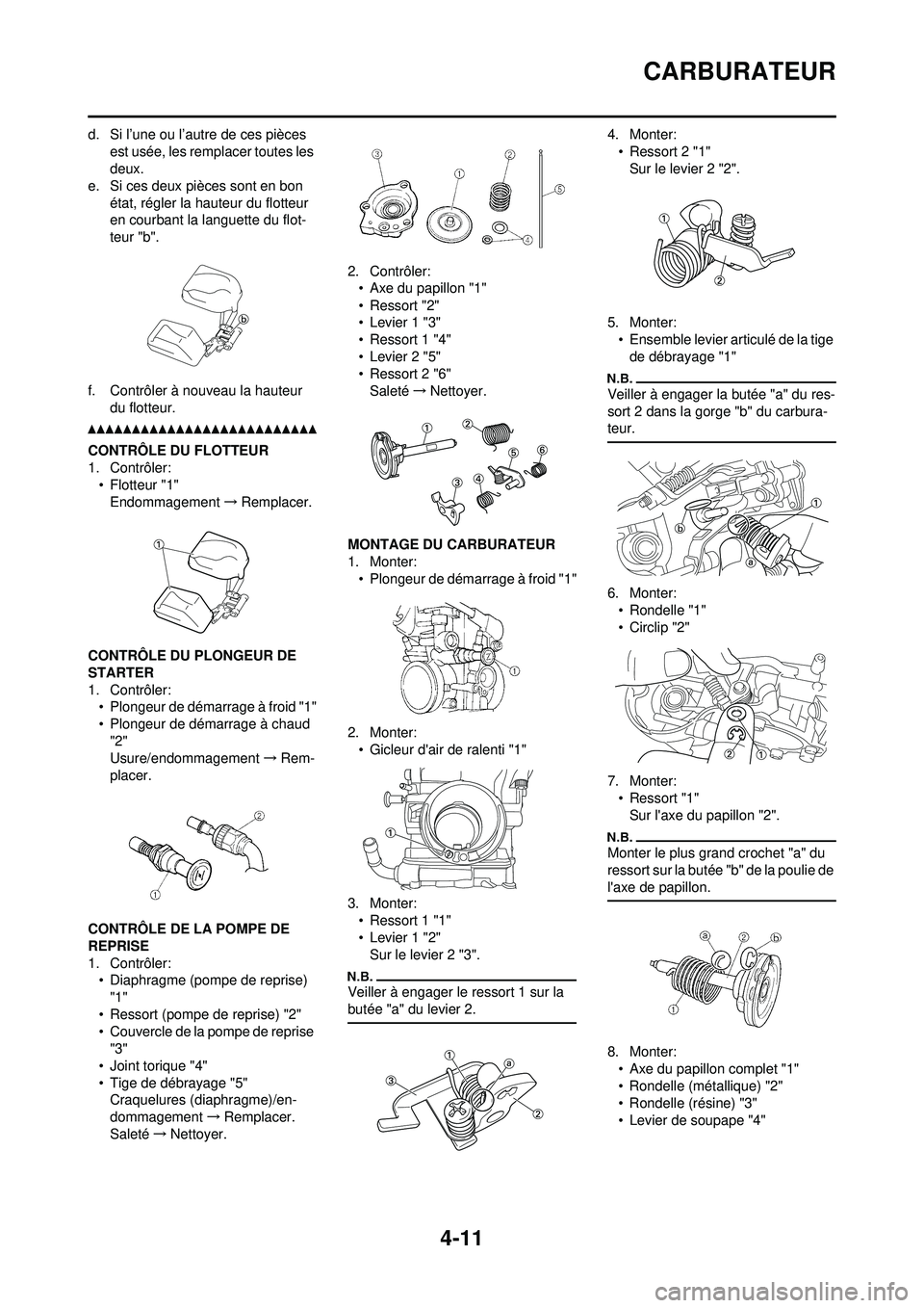 YAMAHA YZ250F 2010 Notices Demploi (in French) 4-11
CARBURATEUR
d. Si l’une ou l’autre de ces pièces est usée, les remplacer toutes les
deux.
e. Si ces deux pièces sont en bon
état, régler la hauteur du flotteur
en courbant la languett YAMAHA YZ250F 2010 Notices Demploi (in French) 4-11
CARBURATEUR
d. Si l’une ou l’autre de ces pièces est usée, les remplacer toutes les
deux.
e. Si ces deux pièces sont en bon
état, régler la hauteur du flotteur
en courbant la languett