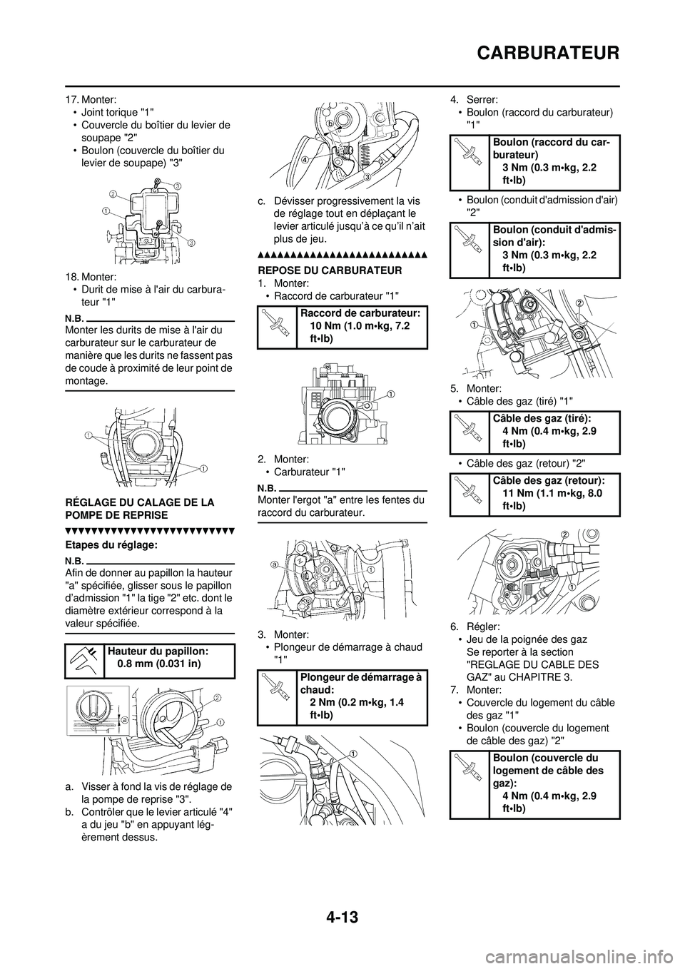 YAMAHA YZ250F 2010 Notices Demploi (in French) 4-13
CARBURATEUR
17. Monter:• Joint torique "1"
• Couvercle du boîtier du levier de soupape "2"
• Boulon (couvercle du boîtier du levier de soupape) "3"
18. Monter: • Durit de mise à lair YAMAHA YZ250F 2010 Notices Demploi (in French) 4-13
CARBURATEUR
17. Monter:• Joint torique "1"
• Couvercle du boîtier du levier de soupape "2"
• Boulon (couvercle du boîtier du levier de soupape) "3"
18. Monter: • Durit de mise à lair