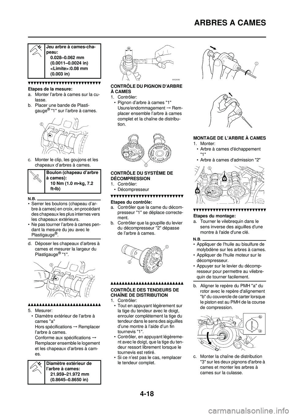 YAMAHA YZ250F 2010 Notices Demploi (in French) 4-18
ARBRES A CAMES
Etapes de la mesure:
a. Monter l’arbre à cames sur la cu-lasse.
b. Placer une bande de Plasti-
gauge
® "1" sur l’arbre à cames.
c. Monter le clip, les goujons et les chapea YAMAHA YZ250F 2010 Notices Demploi (in French) 4-18
ARBRES A CAMES
Etapes de la mesure:
a. Monter l’arbre à cames sur la cu-lasse.
b. Placer une bande de Plasti-
gauge
® "1" sur l’arbre à cames.
c. Monter le clip, les goujons et les chapea