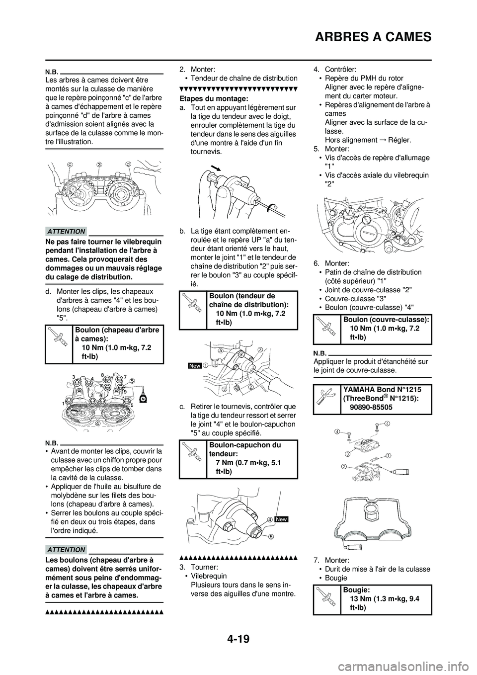 YAMAHA YZ250F 2010 Notices Demploi (in French) 4-19
ARBRES A CAMES
Les arbres à cames doivent être
montés sur la culasse de manière
que le repère poinçonné "c" de larbre
à cames déchappement et le repère
poinçonné "d" de larbre YAMAHA YZ250F 2010 Notices Demploi (in French) 4-19
ARBRES A CAMES
Les arbres à cames doivent être
montés sur la culasse de manière
que le repère poinçonné "c" de larbre
à cames déchappement et le repère
poinçonné "d" de larbre