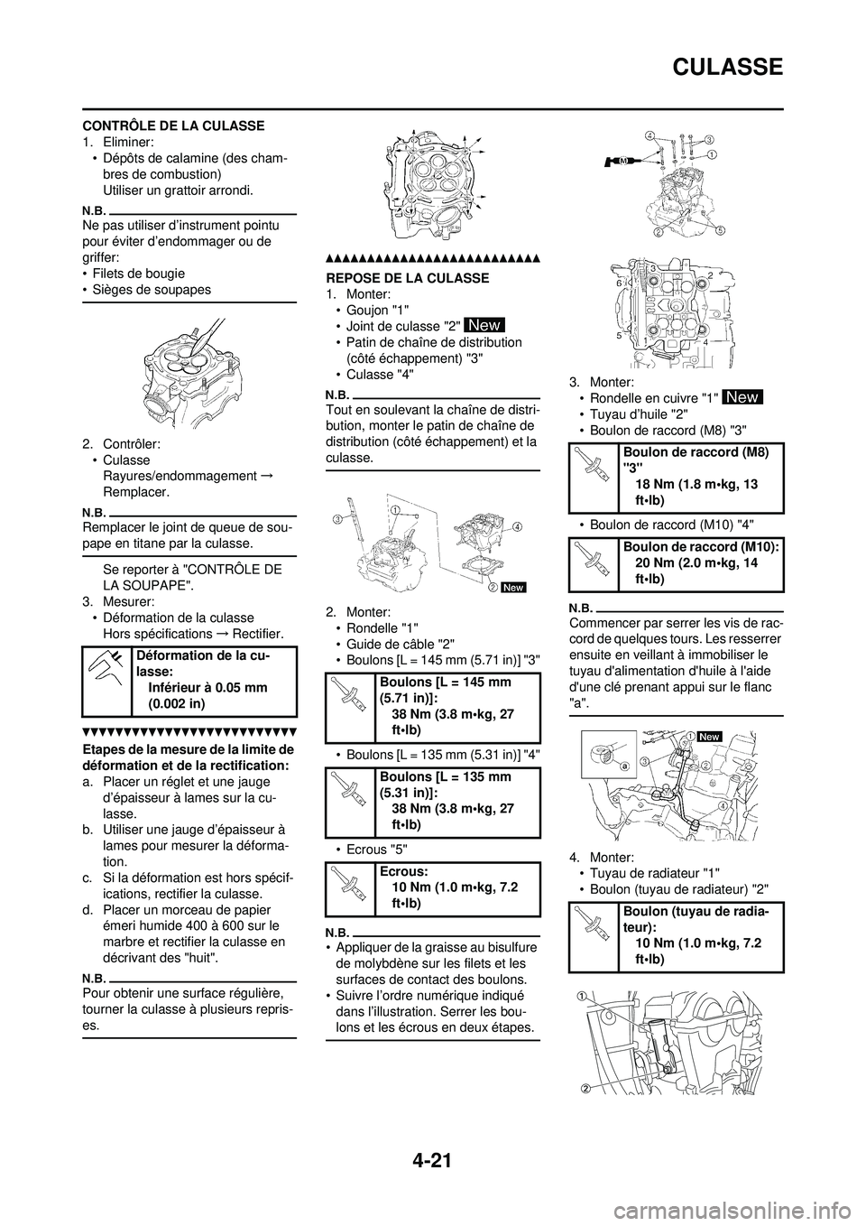 YAMAHA YZ250F 2010 Notices Demploi (in French) 4-21
CULASSE
CONTRÔLE DE LA CULASSE
1. Eliminer:• Dépôts de calamine (des cham-bres de combustion)
Utiliser un grattoir arrondi.
Ne pas utiliser d’instrument pointu
pour éviter d’endommager YAMAHA YZ250F 2010 Notices Demploi (in French) 4-21
CULASSE
CONTRÔLE DE LA CULASSE
1. Eliminer:• Dépôts de calamine (des cham-bres de combustion)
Utiliser un grattoir arrondi.
Ne pas utiliser d’instrument pointu
pour éviter d’endommager