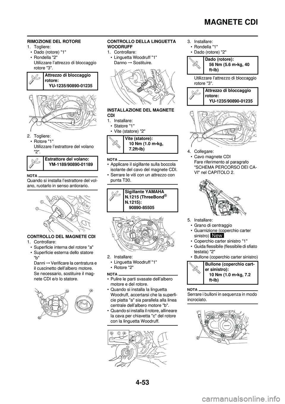 YAMAHA YZ250F 2010 Manuale duso (in Italian) 4-53
MAGNETE CDI
RIMOZIONE DEL ROTORE
1. Togliere:• Dado (rotore) "1"
• Rondella "2"
Utilizzare l’attrezzo di bloccaggio
rotore "3".
2. Togliere: • Rotore "1"Utilizzare l’estrattore del vol YAMAHA YZ250F 2010 Manuale duso (in Italian) 4-53
MAGNETE CDI
RIMOZIONE DEL ROTORE
1. Togliere:• Dado (rotore) "1"
• Rondella "2"
Utilizzare l’attrezzo di bloccaggio
rotore "3".
2. Togliere: • Rotore "1"Utilizzare l’estrattore del vol