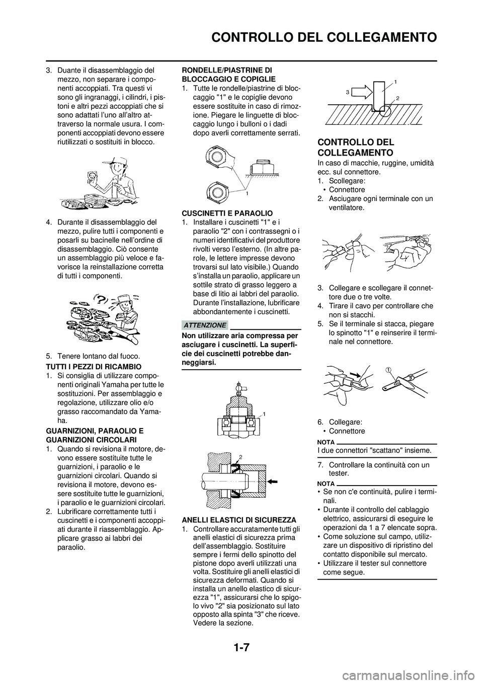 YAMAHA YZ250F 2010 Manuale duso (in Italian) 1-7
CONTROLLO DEL COLLEGAMENTO
3. Duante il disassemblaggio del mezzo, non separare i compo-
nenti accoppiati. Tra questi vi
sono gli ingranaggi, i cilindri, i pis-
toni e altri pezzi accoppiati che YAMAHA YZ250F 2010 Manuale duso (in Italian) 1-7
CONTROLLO DEL COLLEGAMENTO
3. Duante il disassemblaggio del mezzo, non separare i compo-
nenti accoppiati. Tra questi vi
sono gli ingranaggi, i cilindri, i pis-
toni e altri pezzi accoppiati che