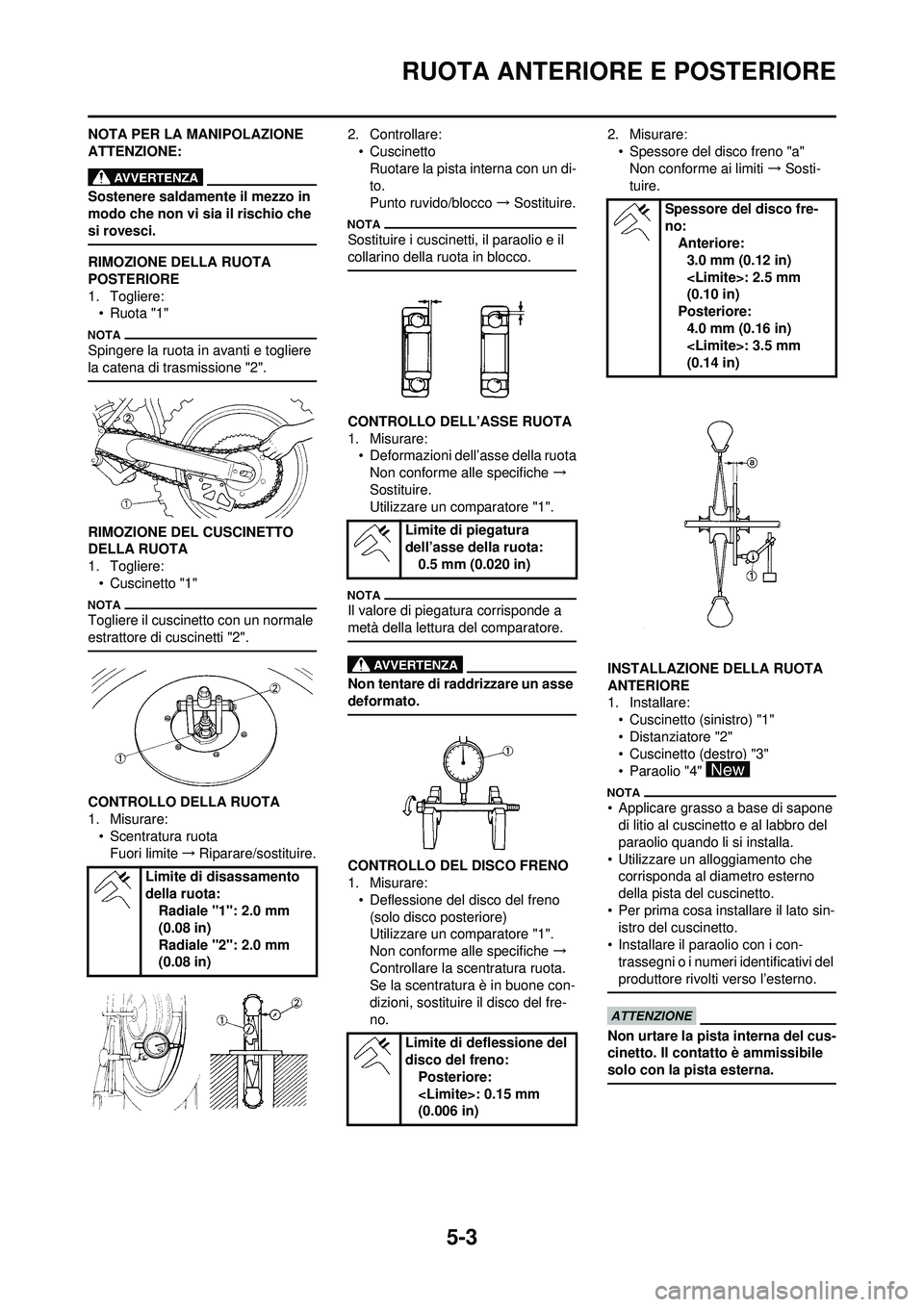 YAMAHA YZ250F 2010 Manuale duso (in Italian) 5-3
RUOTA ANTERIORE E POSTERIORE
NOTA PER LA MANIPOLAZIONE
ATTENZIONE:
Sostenere saldamente il mezzo in
modo che non vi sia il rischio che
si rovesci.
RIMOZIONE DELLA RUOTA
POSTERIORE
1. Togliere: YAMAHA YZ250F 2010 Manuale duso (in Italian) 5-3
RUOTA ANTERIORE E POSTERIORE
NOTA PER LA MANIPOLAZIONE
ATTENZIONE:
Sostenere saldamente il mezzo in
modo che non vi sia il rischio che
si rovesci.
RIMOZIONE DELLA RUOTA
POSTERIORE
1. Togliere:
