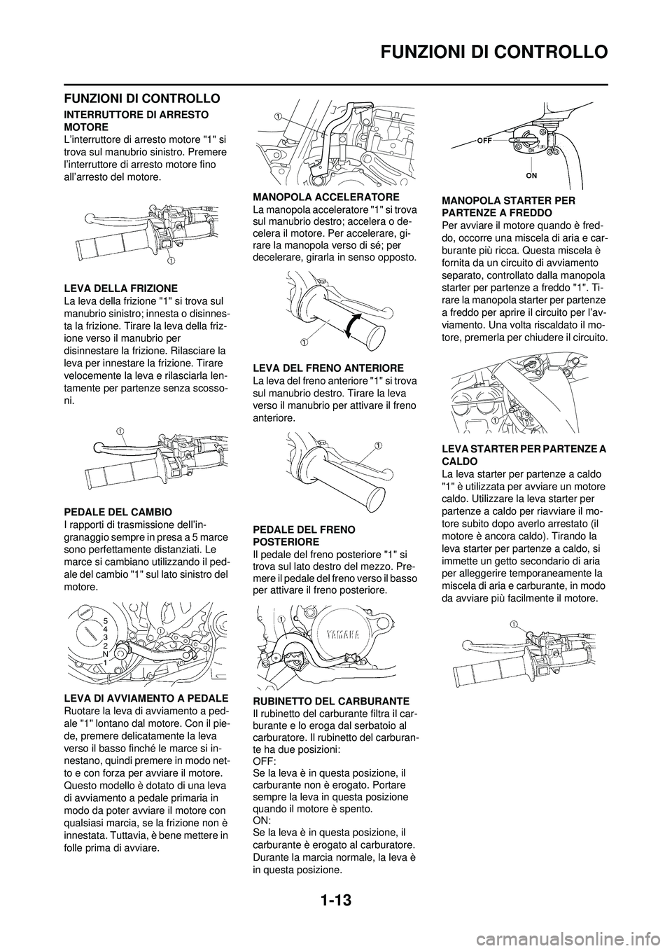 YAMAHA YZ250F 2010 Manuale duso (in Italian) 1-13
FUNZIONI DI CONTROLLO
FUNZIONI DI CONTROLLO
INTERRUTTORE DI ARRESTO
MOTORE
L’interruttore di arresto motore "1" si
trova sul manubrio sinistro. Premere
l’interruttore di arresto motore fin YAMAHA YZ250F 2010 Manuale duso (in Italian) 1-13
FUNZIONI DI CONTROLLO
FUNZIONI DI CONTROLLO
INTERRUTTORE DI ARRESTO
MOTORE
L’interruttore di arresto motore "1" si
trova sul manubrio sinistro. Premere
l’interruttore di arresto motore fin
