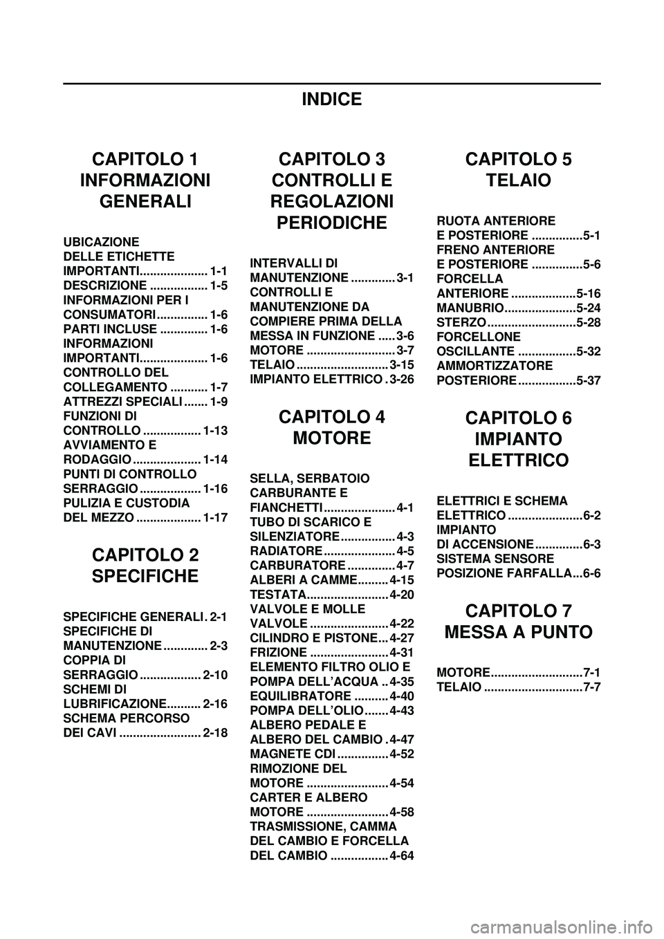 YAMAHA YZ250F 2010  Manuale duso (in Italian) INDICE
CAPITOLO 1
INFORMAZIONI 
GENERALI
UBICAZIONE 
DELLE ETICHETTE 
IMPORTANTI.................... 1-1
DESCRIZIONE ................. 1-5
INFORMAZIONI PER I 
CONSUMATORI ............... 1-6
PARTI INC