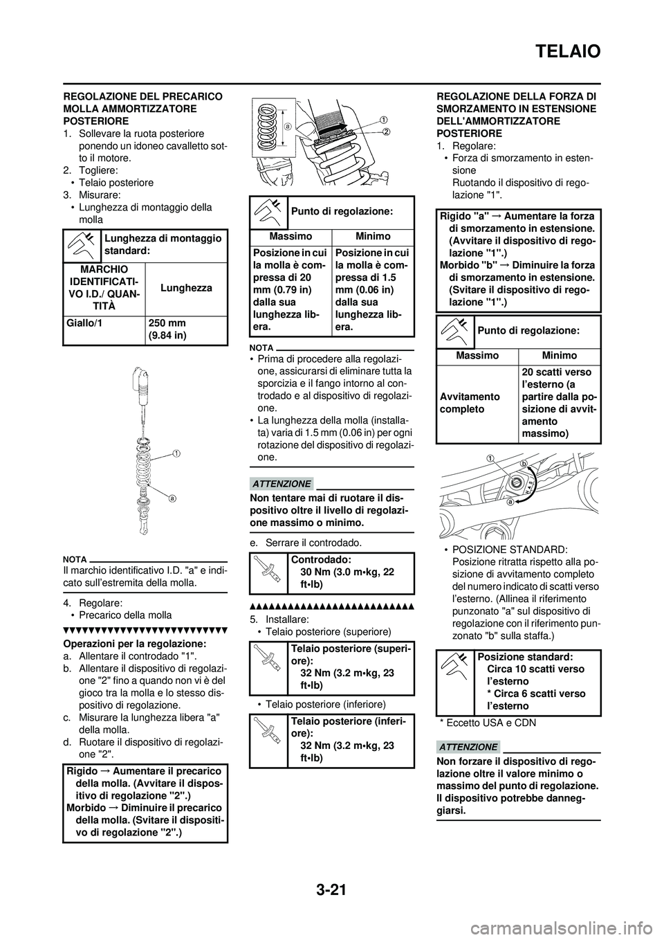 YAMAHA YZ250F 2010 Manuale duso (in Italian) 3-21
TELAIO
REGOLAZIONE DEL PRECARICO
MOLLA AMMORTIZZATORE
POSTERIORE
1. Sollevare la ruota posteriore ponendo un idoneo cavalletto sot-
to il motore.
2. Togliere:
• Telaio posteriore
3. Misurare: YAMAHA YZ250F 2010 Manuale duso (in Italian) 3-21
TELAIO
REGOLAZIONE DEL PRECARICO
MOLLA AMMORTIZZATORE
POSTERIORE
1. Sollevare la ruota posteriore ponendo un idoneo cavalletto sot-
to il motore.
2. Togliere:
• Telaio posteriore
3. Misurare: