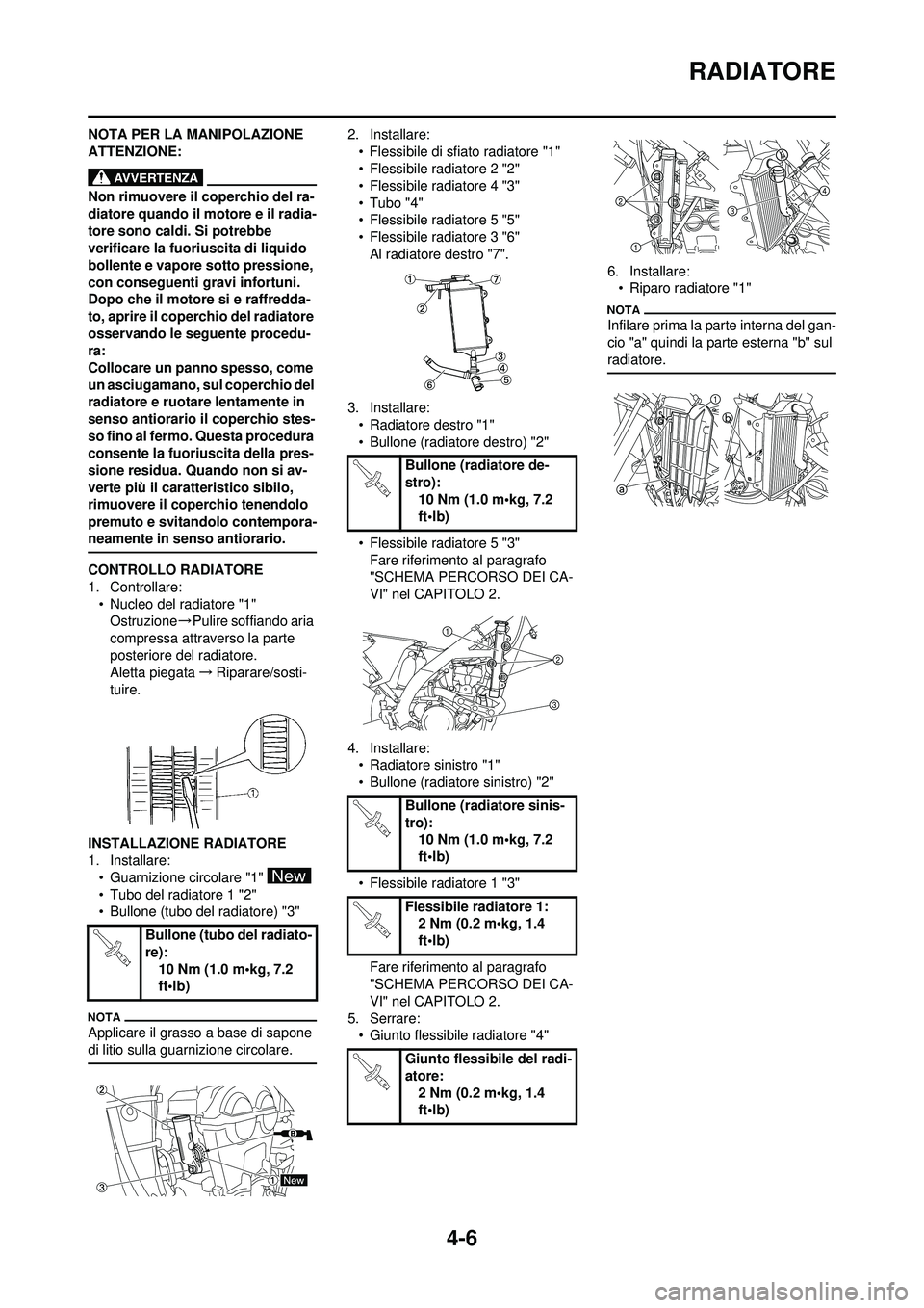 YAMAHA YZ250F 2010 Manuale duso (in Italian) 4-6
RADIATORE
NOTA PER LA MANIPOLAZIONE
ATTENZIONE:
Non rimuovere il coperchio del ra-
diatore quando il motore e il radia-
tore sono caldi. Si potrebbe
verificare la fuoriuscita di liquido
bollent YAMAHA YZ250F 2010 Manuale duso (in Italian) 4-6
RADIATORE
NOTA PER LA MANIPOLAZIONE
ATTENZIONE:
Non rimuovere il coperchio del ra-
diatore quando il motore e il radia-
tore sono caldi. Si potrebbe
verificare la fuoriuscita di liquido
bollent
