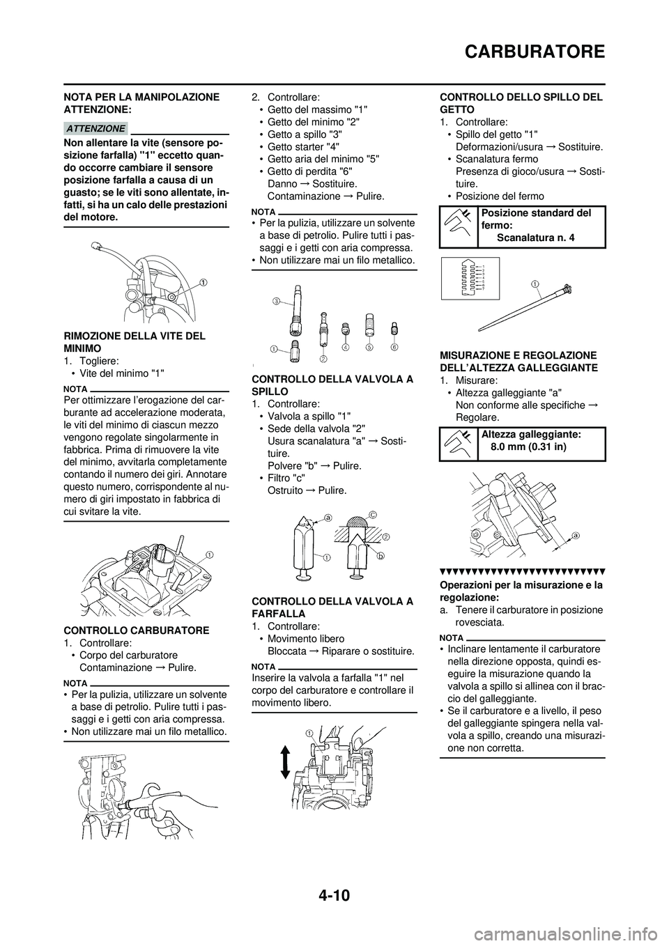 YAMAHA YZ250F 2010 Manuale duso (in Italian) 4-10
CARBURATORE
NOTA PER LA MANIPOLAZIONE
ATTENZIONE:
Non allentare la vite (sensore po-
sizione farfalla) "1" eccetto quan-
do occorre cambiare il sensore
posizione farfalla a causa di un
guasto; YAMAHA YZ250F 2010 Manuale duso (in Italian) 4-10
CARBURATORE
NOTA PER LA MANIPOLAZIONE
ATTENZIONE:
Non allentare la vite (sensore po-
sizione farfalla) "1" eccetto quan-
do occorre cambiare il sensore
posizione farfalla a causa di un
guasto;