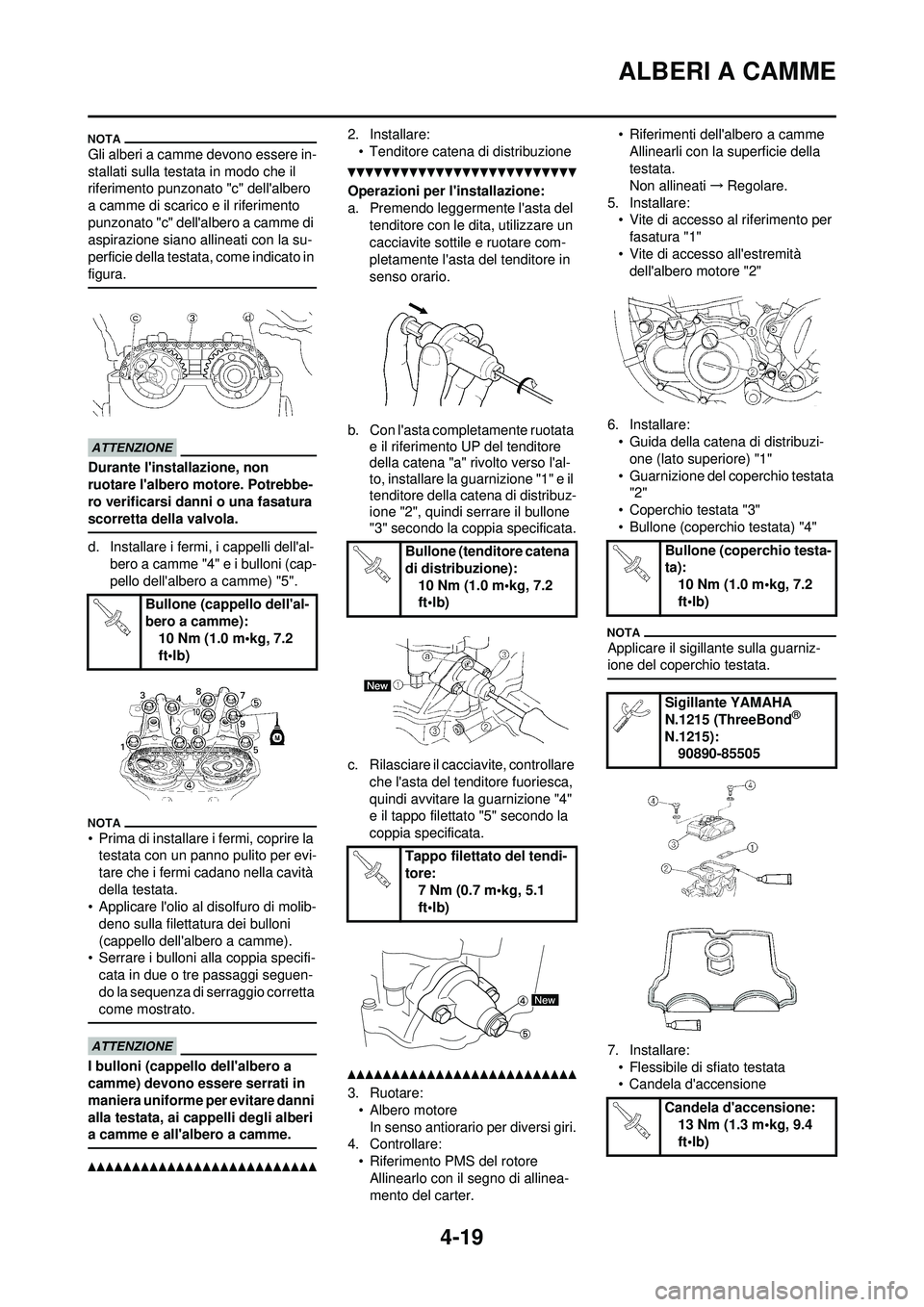 YAMAHA YZ250F 2010 Manuale duso (in Italian) 4-19
ALBERI A CAMME
Gli alberi a camme devono essere in-
stallati sulla testata in modo che il
riferimento punzonato "c" dellalbero
a camme di scarico e il riferimento
punzonato "c" dellalbero a YAMAHA YZ250F 2010 Manuale duso (in Italian) 4-19
ALBERI A CAMME
Gli alberi a camme devono essere in-
stallati sulla testata in modo che il
riferimento punzonato "c" dellalbero
a camme di scarico e il riferimento
punzonato "c" dellalbero a
