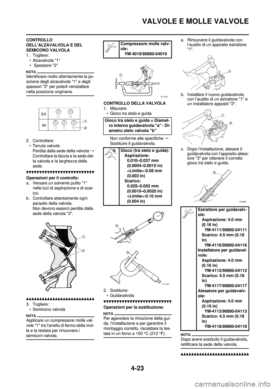 YAMAHA YZ250F 2010 Manuale duso (in Italian) 4-23
VALVOLE E MOLLE VALVOLE
CONTROLLO
DELL’ALZAVALVOLA E DEL
SEMICONO VALVOLA
1. Togliere:• Alzavalvola "1"
• Spessore "2"
Identificare molto at tentamente la po-
sizione degli alzavalvole " YAMAHA YZ250F 2010 Manuale duso (in Italian) 4-23
VALVOLE E MOLLE VALVOLE
CONTROLLO
DELL’ALZAVALVOLA E DEL
SEMICONO VALVOLA
1. Togliere:• Alzavalvola "1"
• Spessore "2"
Identificare molto at tentamente la po-
sizione degli alzavalvole "