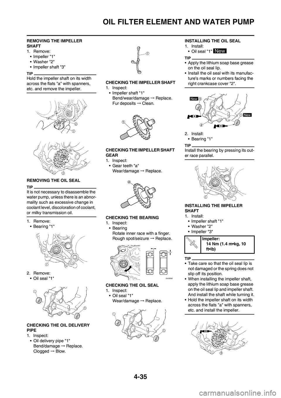 YAMAHA YZ250F 2009  Owners Manual 4-35
OIL FILTER ELEMENT AND WATER PUMP
REMOVING THE IMPELLER 
SHAFT
1. Remove:
•Impeller "1"
• Washer "2"
• Impeller shaft "3"
Hold the impeller shaft on its width 
across the flats "a" with spa