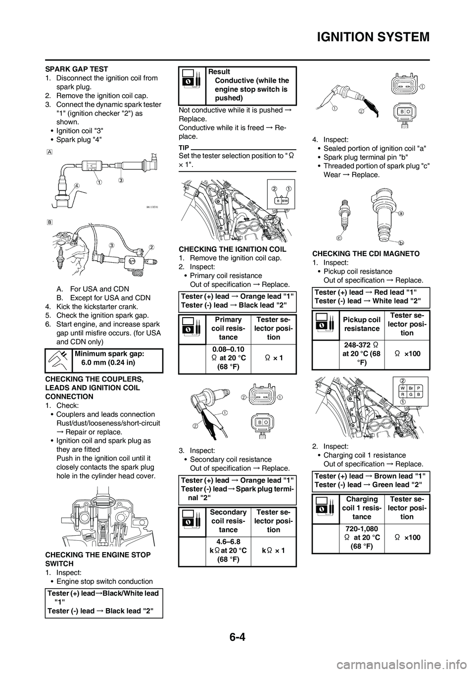 YAMAHA YZ250F 2009 Owners Guide 6-4
IGNITION SYSTEM
SPARK GAP TEST
1. Disconnect the ignition coil from
spark plug.
2. Remove the ignition coil cap.
3. Connect the dynamic spark tester
"1" (ignition checker "2") as
shown.
• Ign YAMAHA YZ250F 2009 Owners Guide 6-4
IGNITION SYSTEM
SPARK GAP TEST
1. Disconnect the ignition coil from
spark plug.
2. Remove the ignition coil cap.
3. Connect the dynamic spark tester
"1" (ignition checker "2") as
shown.
• Ign
