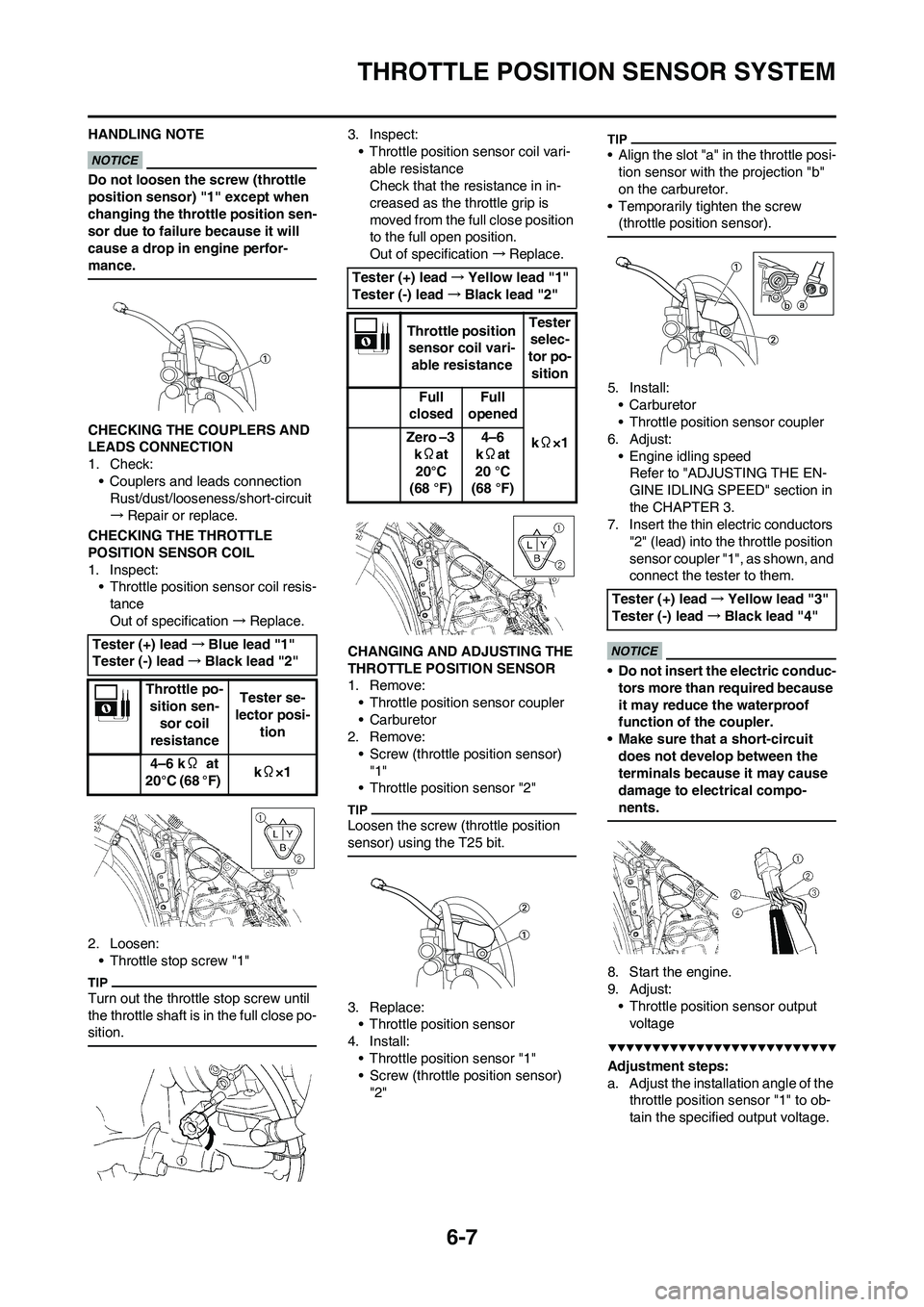 YAMAHA YZ250F 2009 Owners Guide 6-7
THROTTLE POSITION SENSOR SYSTEM
HANDLING NOTE
Do not loosen the screw (throttle
position sensor) "1" except when
changing the throttle position sen-
sor due to failure because it will
cause a d YAMAHA YZ250F 2009 Owners Guide 6-7
THROTTLE POSITION SENSOR SYSTEM
HANDLING NOTE
Do not loosen the screw (throttle
position sensor) "1" except when
changing the throttle position sen-
sor due to failure because it will
cause a d