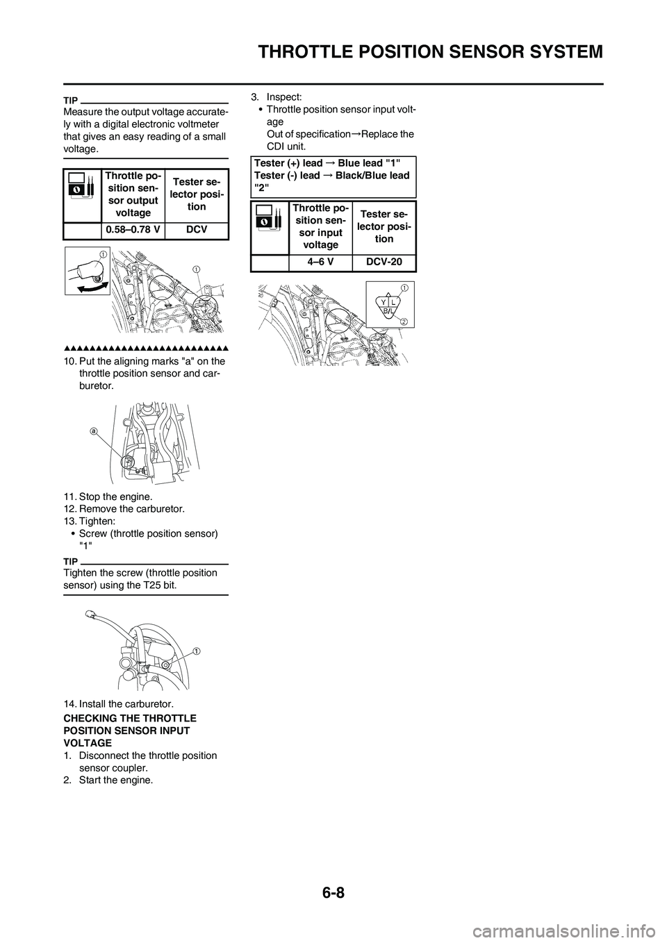 YAMAHA YZ250F 2009 Owners Guide 6-8
THROTTLE POSITION SENSOR SYSTEM
Measure the output voltage accurate-
ly with a digital electronic voltmeter
that gives an easy reading of a small
voltage.
10. Put the aligning marks "a" on the
YAMAHA YZ250F 2009 Owners Guide 6-8
THROTTLE POSITION SENSOR SYSTEM
Measure the output voltage accurate-
ly with a digital electronic voltmeter
that gives an easy reading of a small
voltage.
10. Put the aligning marks "a" on the