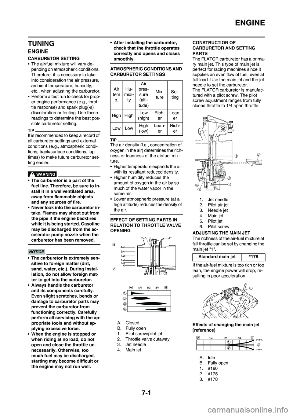 YAMAHA YZ250F 2009 Owners Manual 7-1
ENGINE
TUNING
ENGINE
CARBURETOR SETTING
• The air/fuel mixture will vary de-
pending on atmospheric conditions.
Therefore, it is necessary to take
into consideration the air pressure,
ambient YAMAHA YZ250F 2009 Owners Manual 7-1
ENGINE
TUNING
ENGINE
CARBURETOR SETTING
• The air/fuel mixture will vary de-
pending on atmospheric conditions.
Therefore, it is necessary to take
into consideration the air pressure,
ambient
