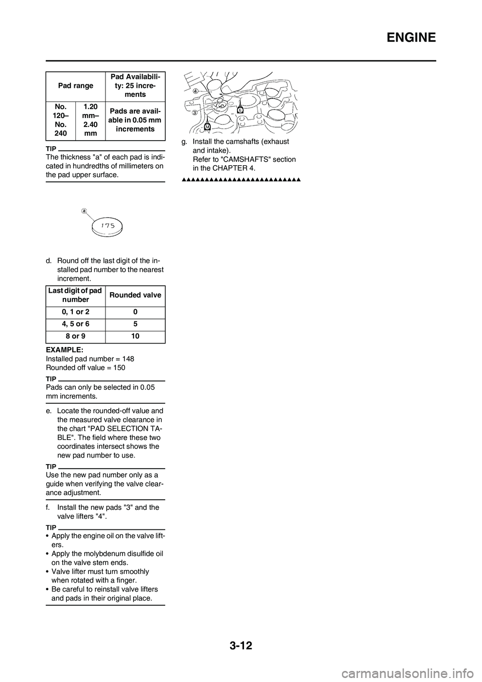 YAMAHA YZ250F 2009 Workshop Manual 3-12
ENGINE
The thickness "a" of each pad is indi-
cated in hundredths of millimeters on
the pad upper surface.
d. Round off the last digit of the in-
stalled pad number to the nearest
increment.
EX YAMAHA YZ250F 2009 Workshop Manual 3-12
ENGINE
The thickness "a" of each pad is indi-
cated in hundredths of millimeters on
the pad upper surface.
d. Round off the last digit of the in-
stalled pad number to the nearest
increment.
EX