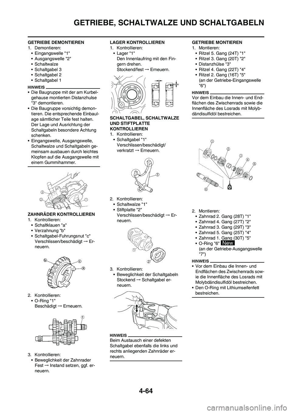 YAMAHA YZ250F 2009 Betriebsanleitungen (in German) 4-64
GETRIEBE, SCHALTWALZE UND SCHALTGABELN
GETRIEBE DEMONTIEREN
1. Demontieren:
• Eingangswelle "1"
• Ausgangswelle "2"
•Schaltwalze
• Schaltgabel 3
• Schaltgabel 2
• Schaltgabel 1
• Di YAMAHA YZ250F 2009 Betriebsanleitungen (in German) 4-64
GETRIEBE, SCHALTWALZE UND SCHALTGABELN
GETRIEBE DEMONTIEREN
1. Demontieren:
• Eingangswelle "1"
• Ausgangswelle "2"
•Schaltwalze
• Schaltgabel 3
• Schaltgabel 2
• Schaltgabel 1
• Di