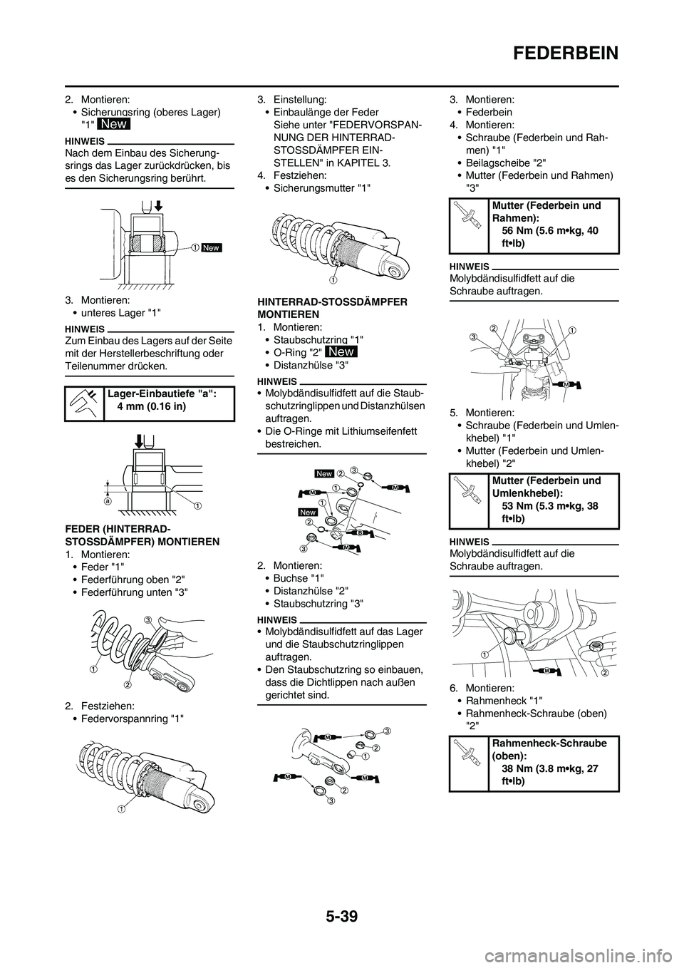 YAMAHA YZ250F 2009 Betriebsanleitungen (in German) 5-39
FEDERBEIN
2. Montieren:
• Sicherungsring (oberes Lager)
"1"
Nach dem Einbau des Sicherung-
srings das Lager zurückdrücken, bis
es den Sicherungsring berührt.
3. Montieren:
• unteres Lag YAMAHA YZ250F 2009 Betriebsanleitungen (in German) 5-39
FEDERBEIN
2. Montieren:
• Sicherungsring (oberes Lager)
"1"
Nach dem Einbau des Sicherung-
srings das Lager zurückdrücken, bis
es den Sicherungsring berührt.
3. Montieren:
• unteres Lag